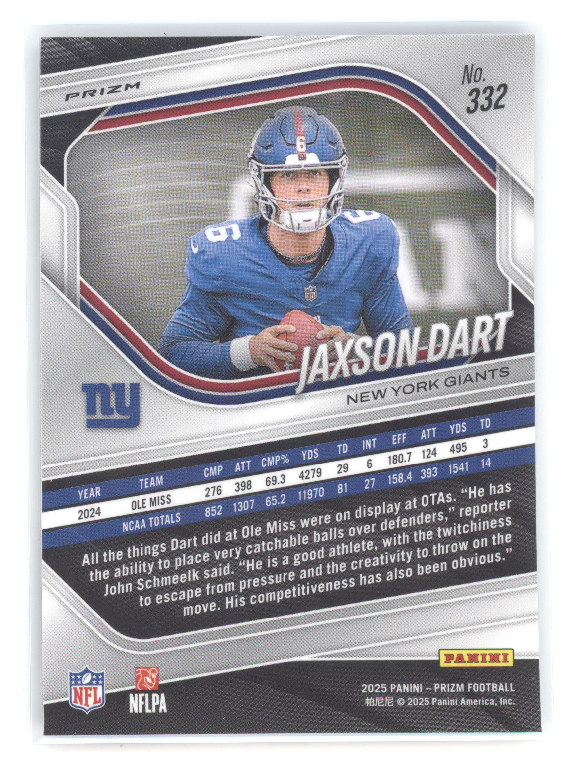 2025 Panini Prizm Football Jaxson Dart #332 Silver RC
