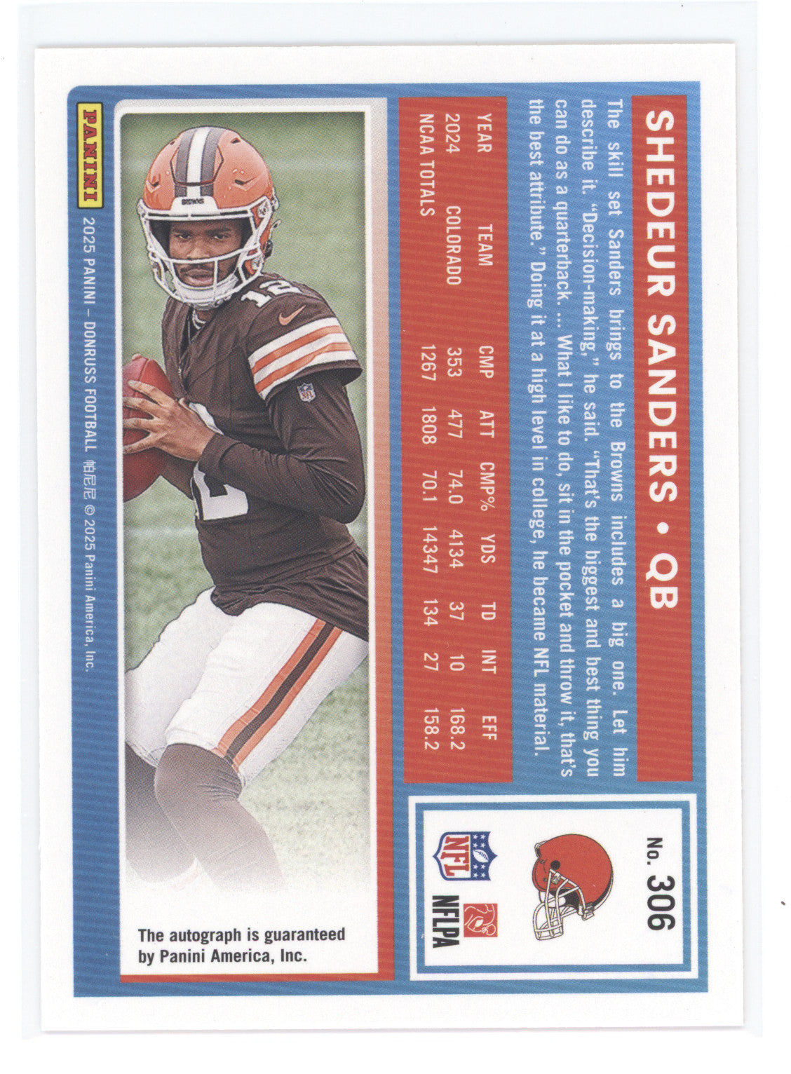 2025 Panini Donruss Rated Rookie Shedeur Sanders #306 Orange Autograph