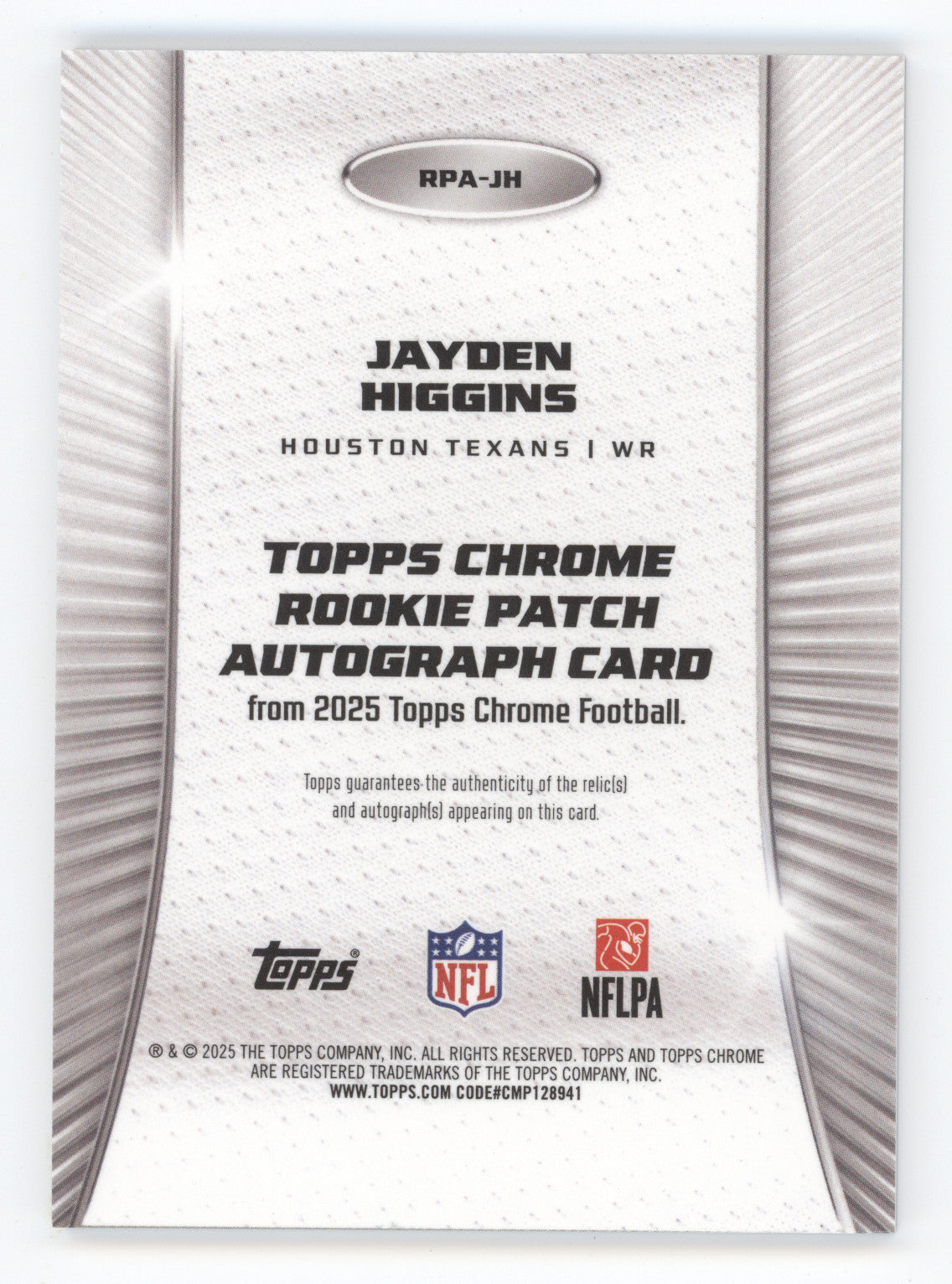2025 Topps Chrome Jayden Higgins #RPA-JH Player-Worn Rookie Patch Autograph RC
