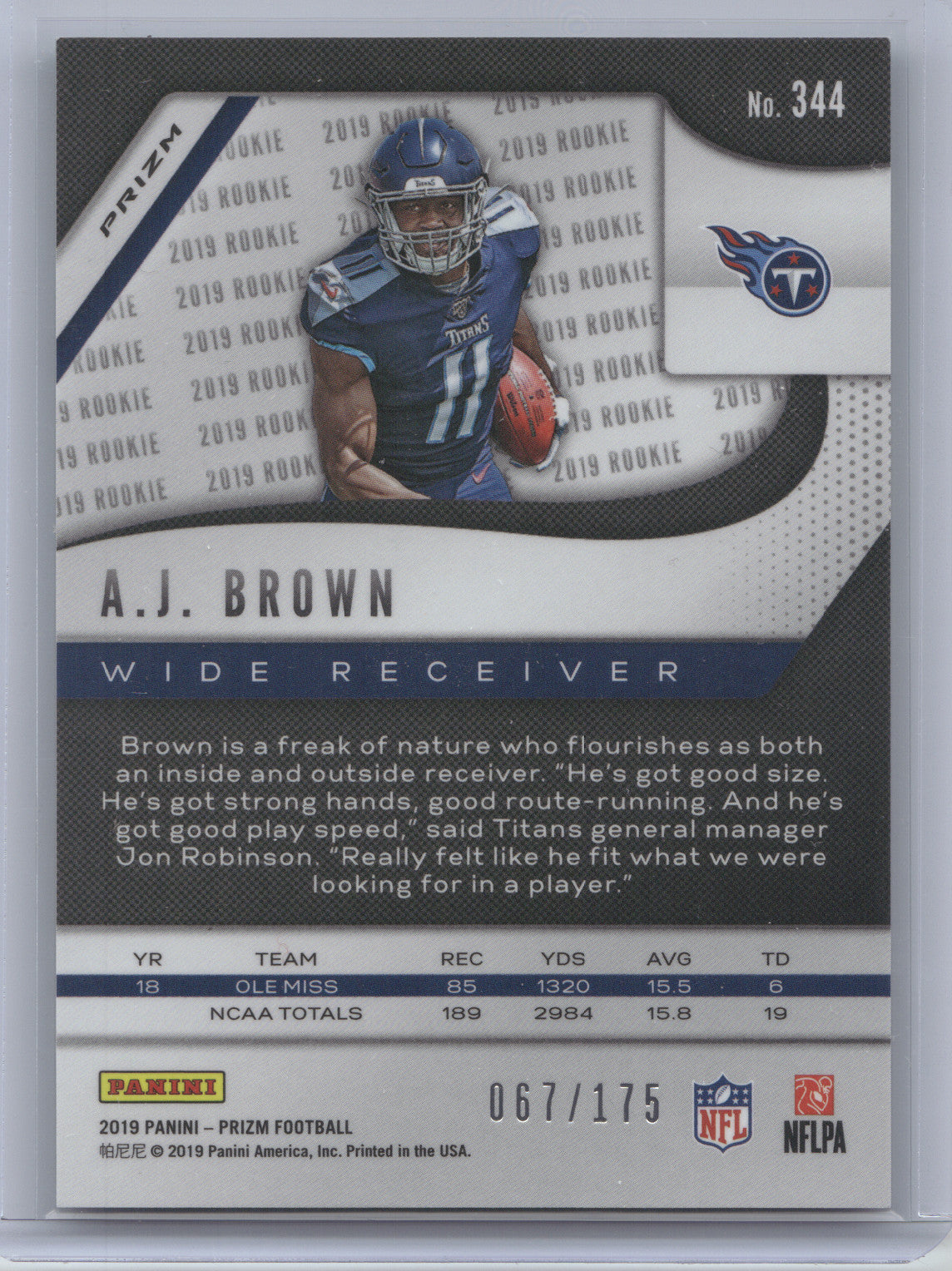 2019 Panini Prizm A.J. Brown #344 Green Wave 067/175 RC