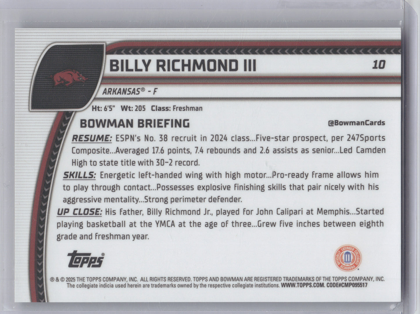 2024 Bowman Chrome University Billy Richmond III #10 Black 09/10 1st Bowman
