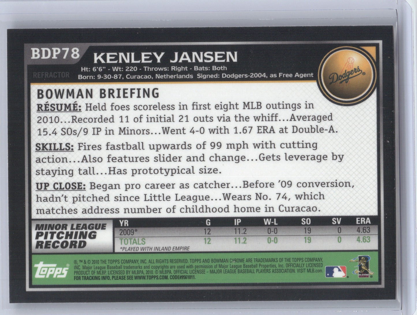 2010 Bowman Chrome Kenley Jansen #BDP78 Purple Refractor RC