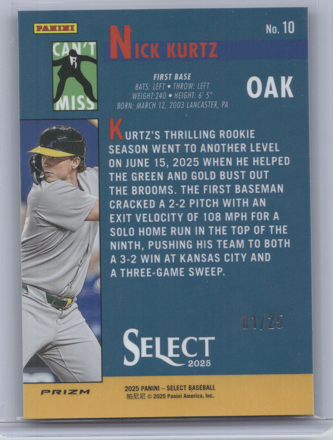 2025 Panini Select Can't Miss Nick Kurtz #10 Tie-Dye RC 01/25