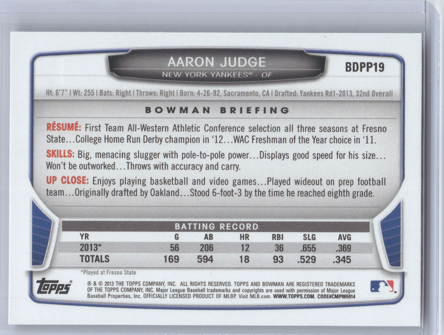 2013 Bowman Draft Picks & Prospects Aaron Judge #BDPP19