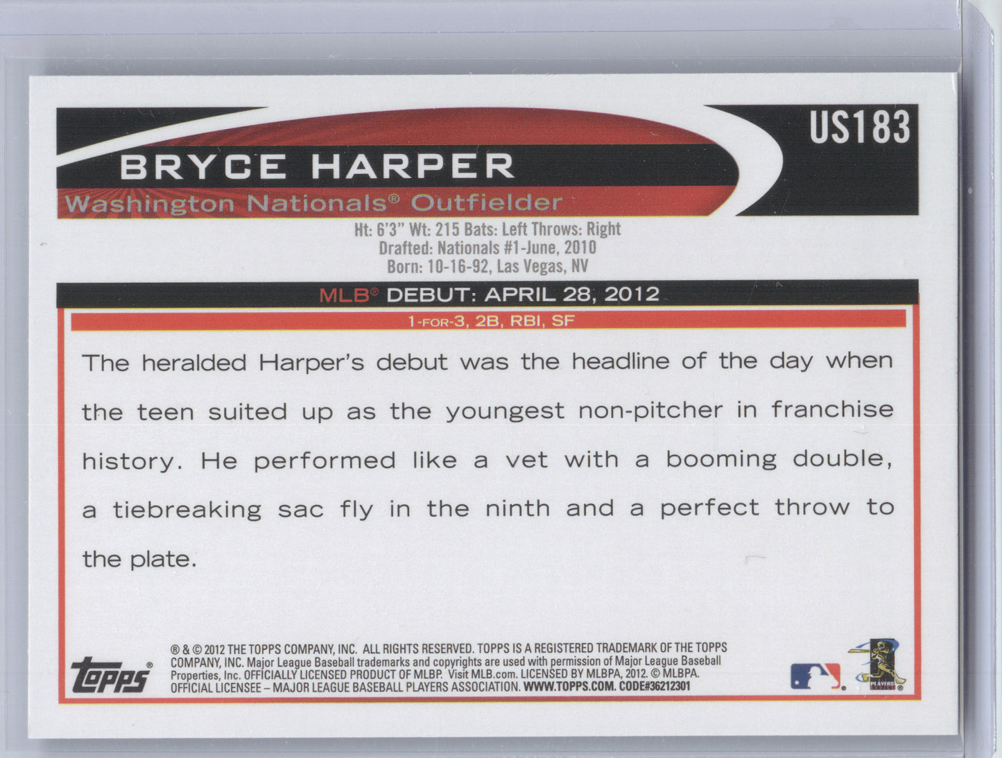 2012 Topps Update Series Bryce Harper #US183 Blue Border RC