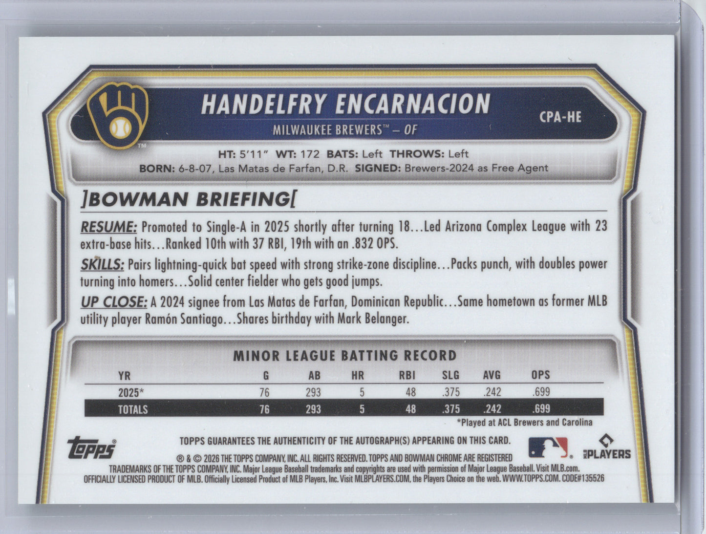 2026 Bowman Chrome Prospect Autograph Handelfry Encarnacion #HE Green Ref. 39/99