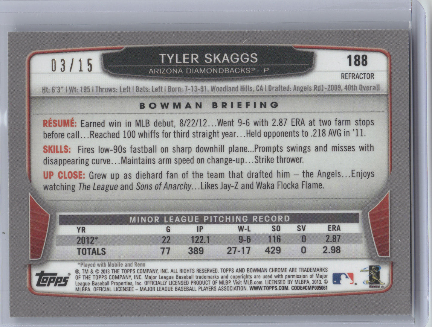 2013 Bowman Chrome Tyler Skaggs #188 Black Refractor 03/15 RC