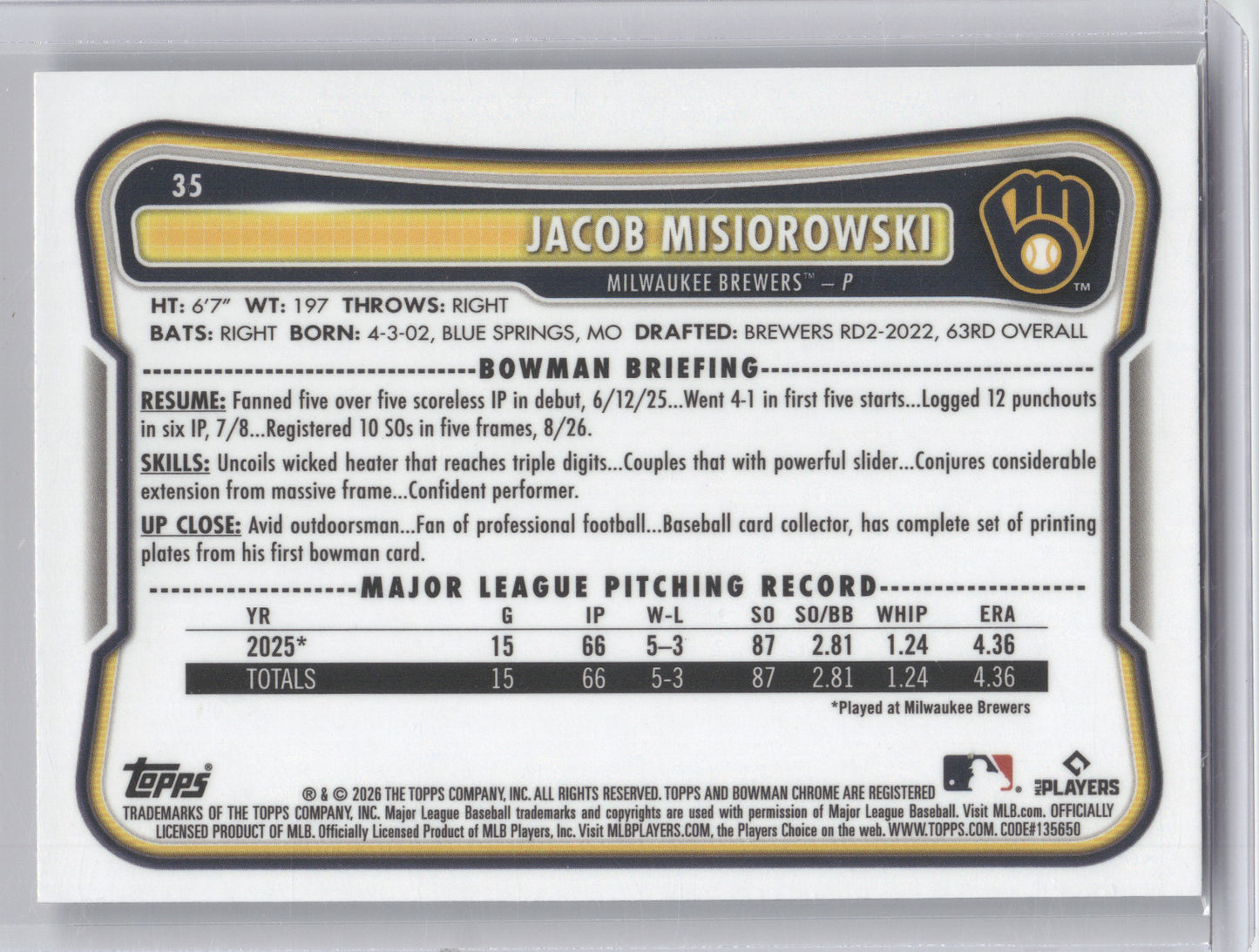 2026 Bowman Chrome Jacob Misiorowski #35 RC
