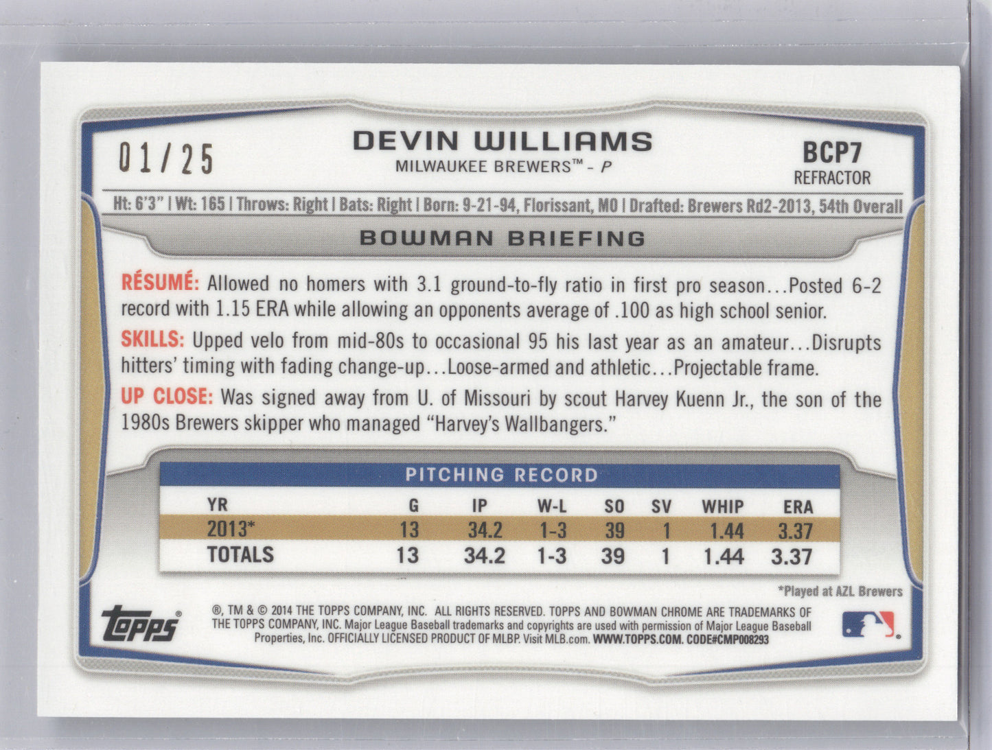 2014 Bowman Chrome Devin Williams #BCP7 Refractor 1st Bowman 01/25