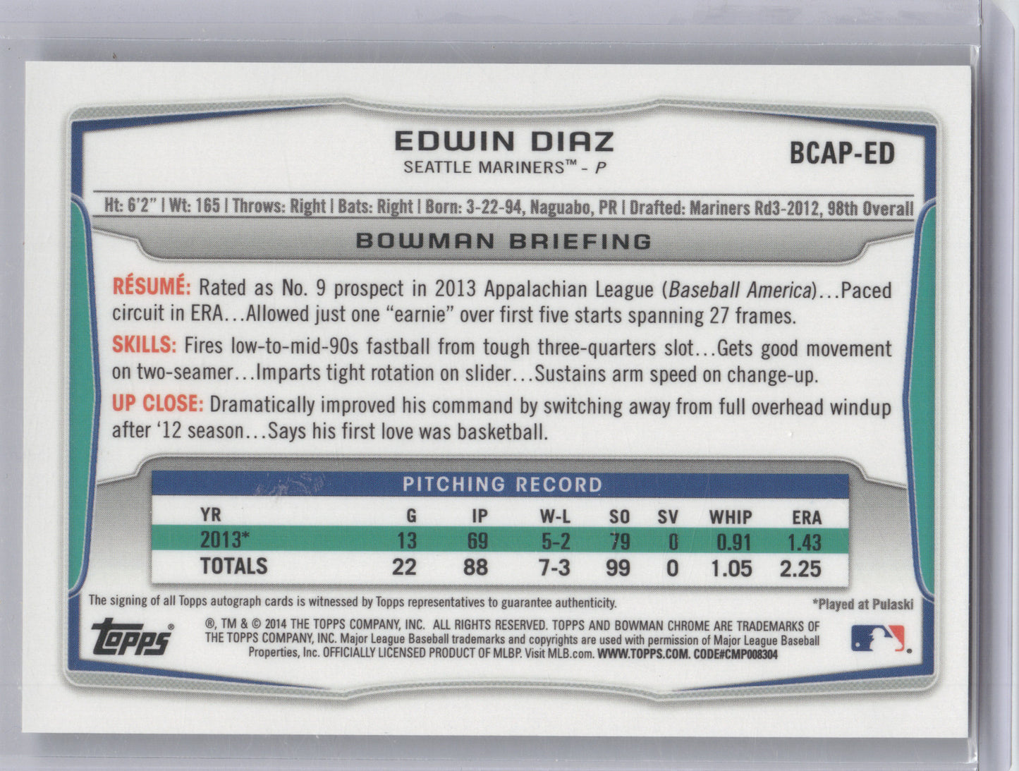 2014 Bowman Chrome Prospect Autograph Edwin Diaz #BCAP-ED