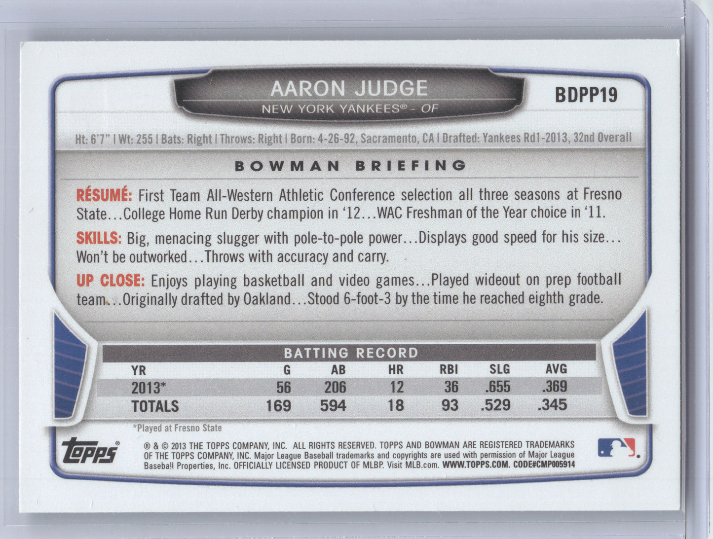 2013 Bowman Draft Picks & Prospects Aaron Judge #BDPP19