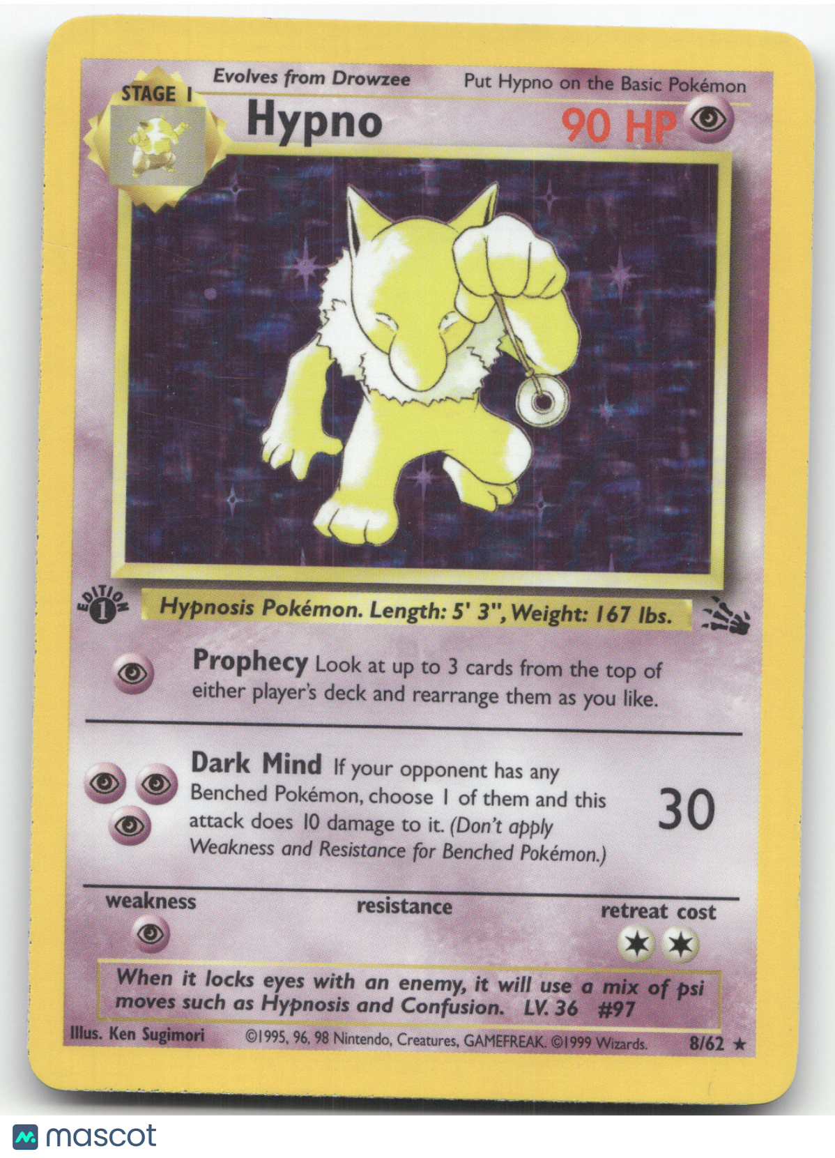 1999 Fossil Hypno 1st Edition Holo Rare #8/62