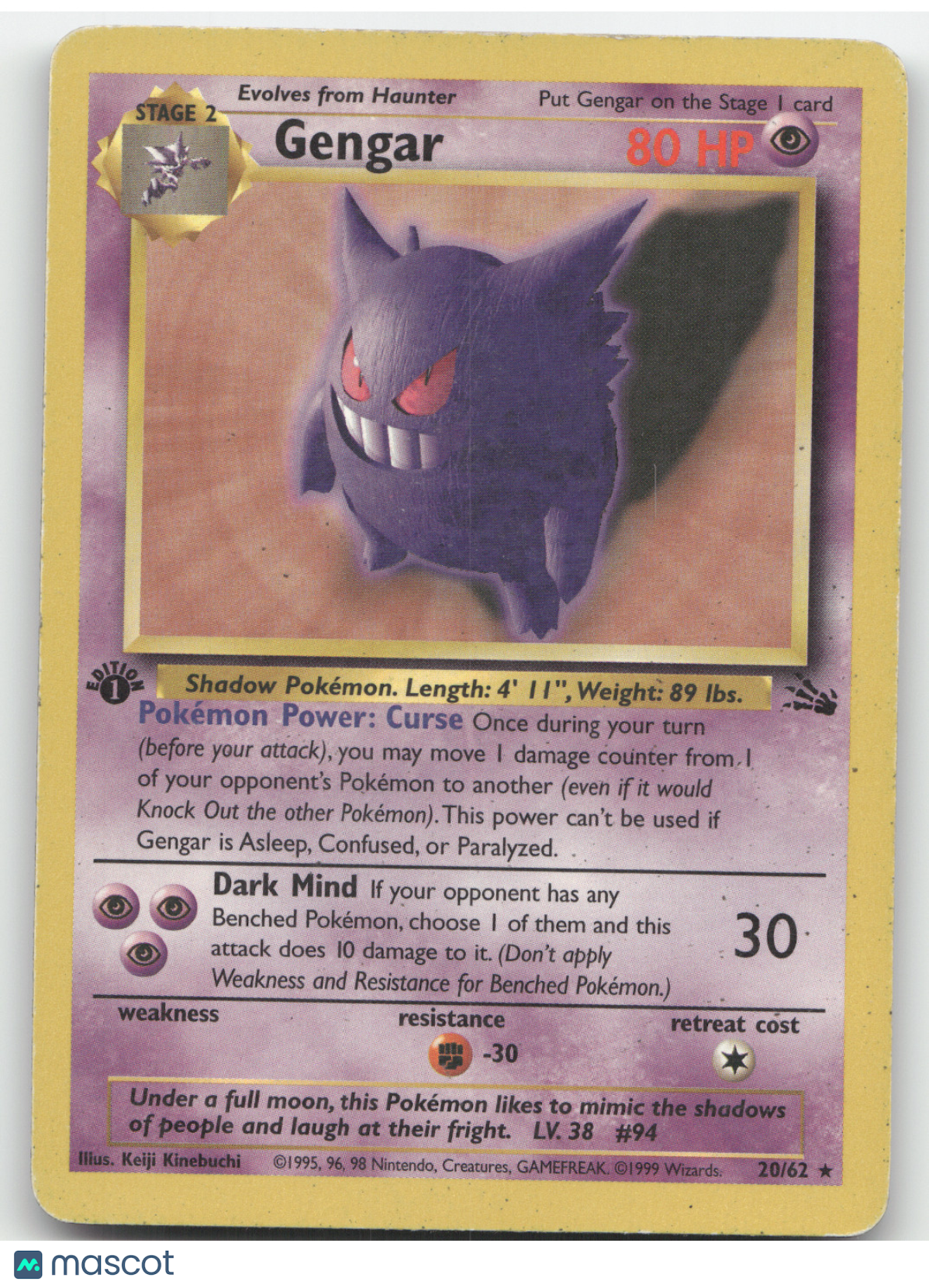 1999 Fossil Gengar 1st Edition Rare #20/62