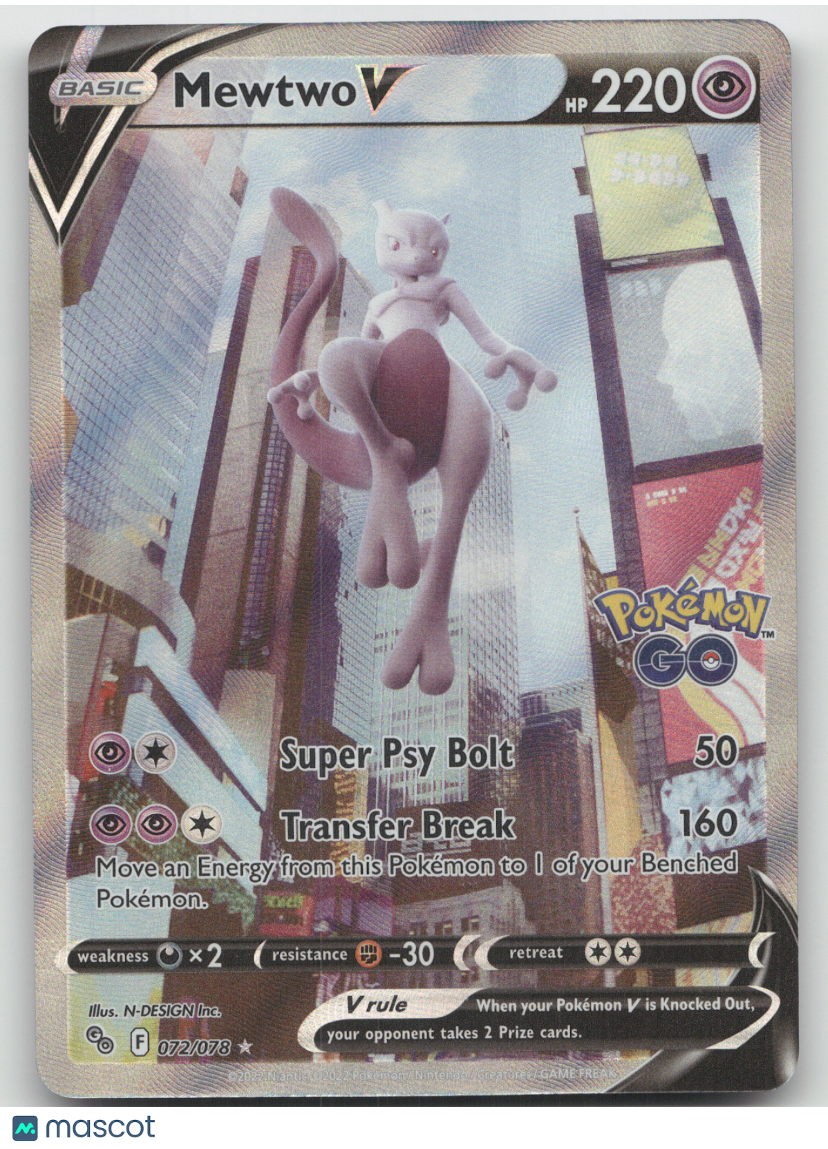 2022 Pokemon GO Mewtwo V Holo Rare #072/078