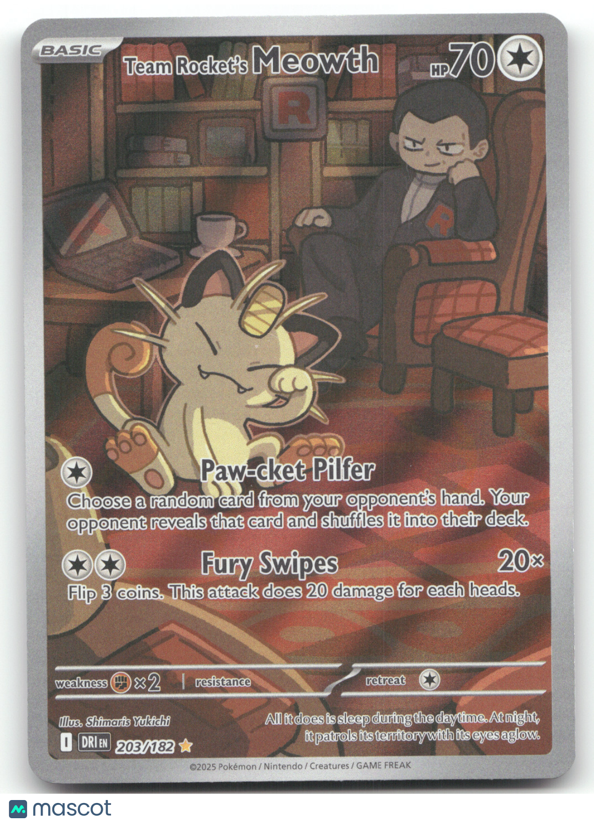 2025 Destined Rivals Team Rocket's Meowth Secret Rare #203/182