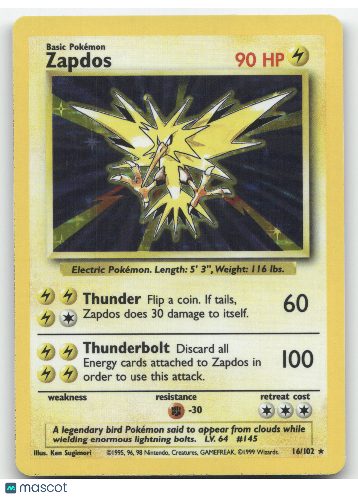 1999 Base Set Zapdos Holo Rare #16/102