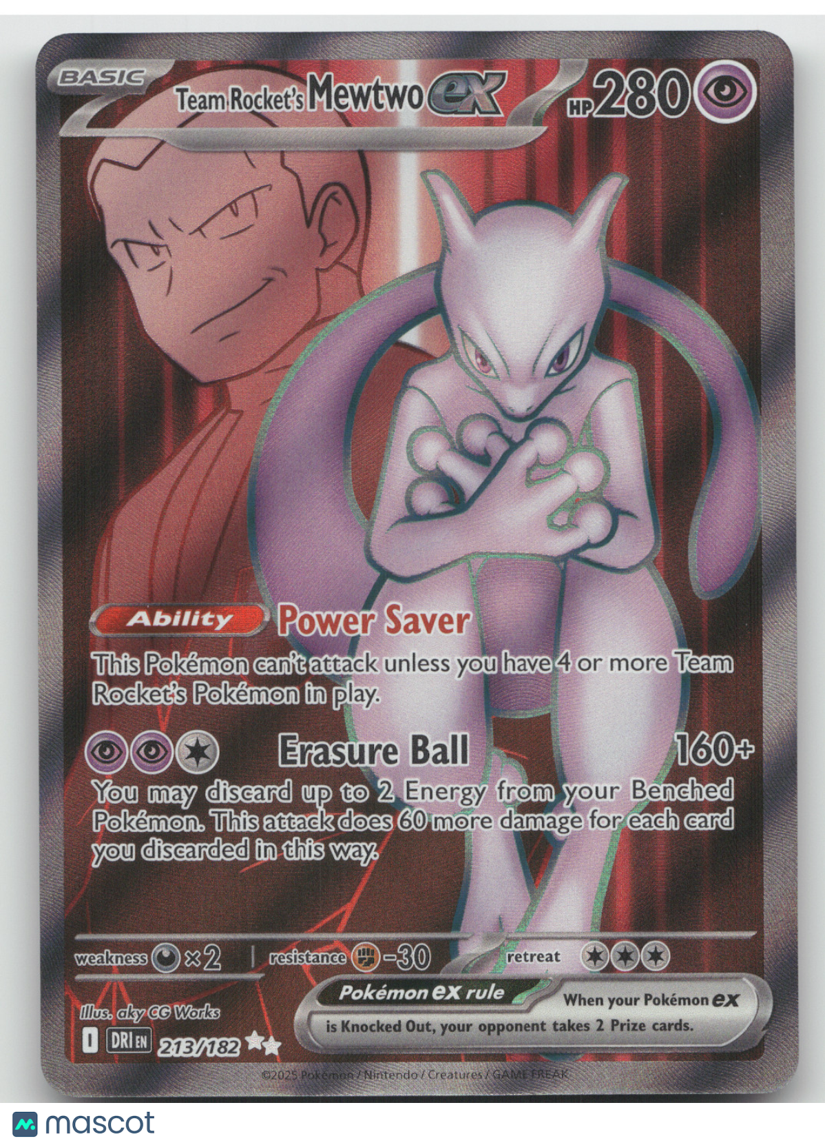 2025 Destined Rivals Team Rocket's Mewtwo ex Secret Rare #213/182