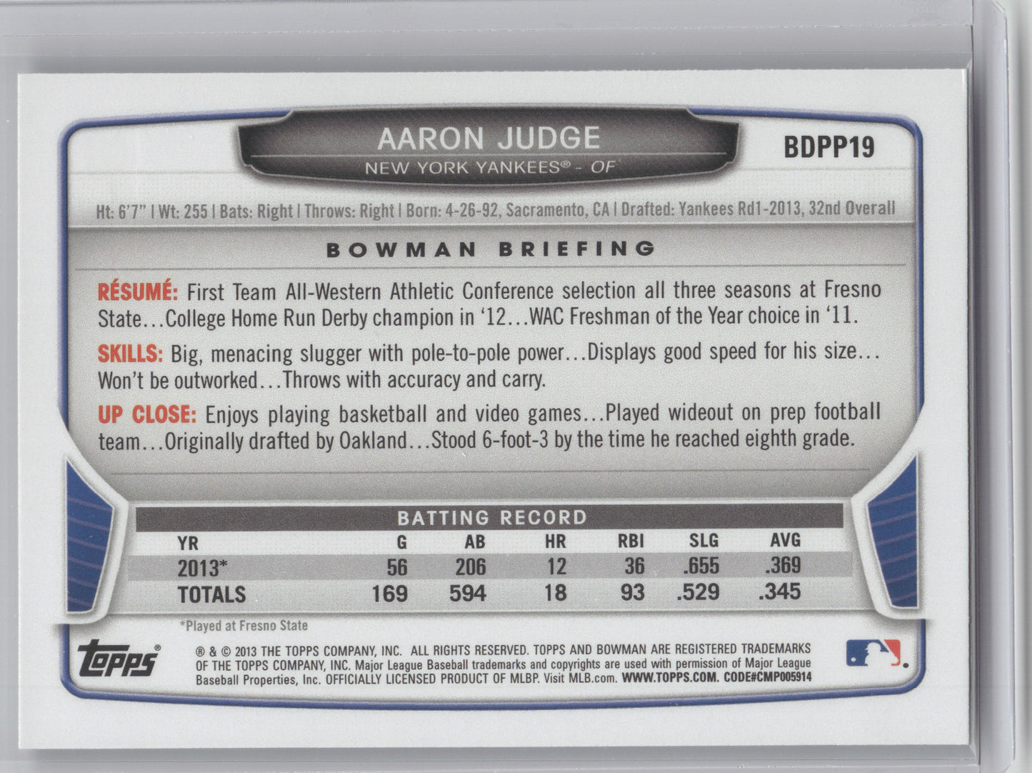 2013 Bowman Draft Picks & Prospects Aaron Judge #BDPP19