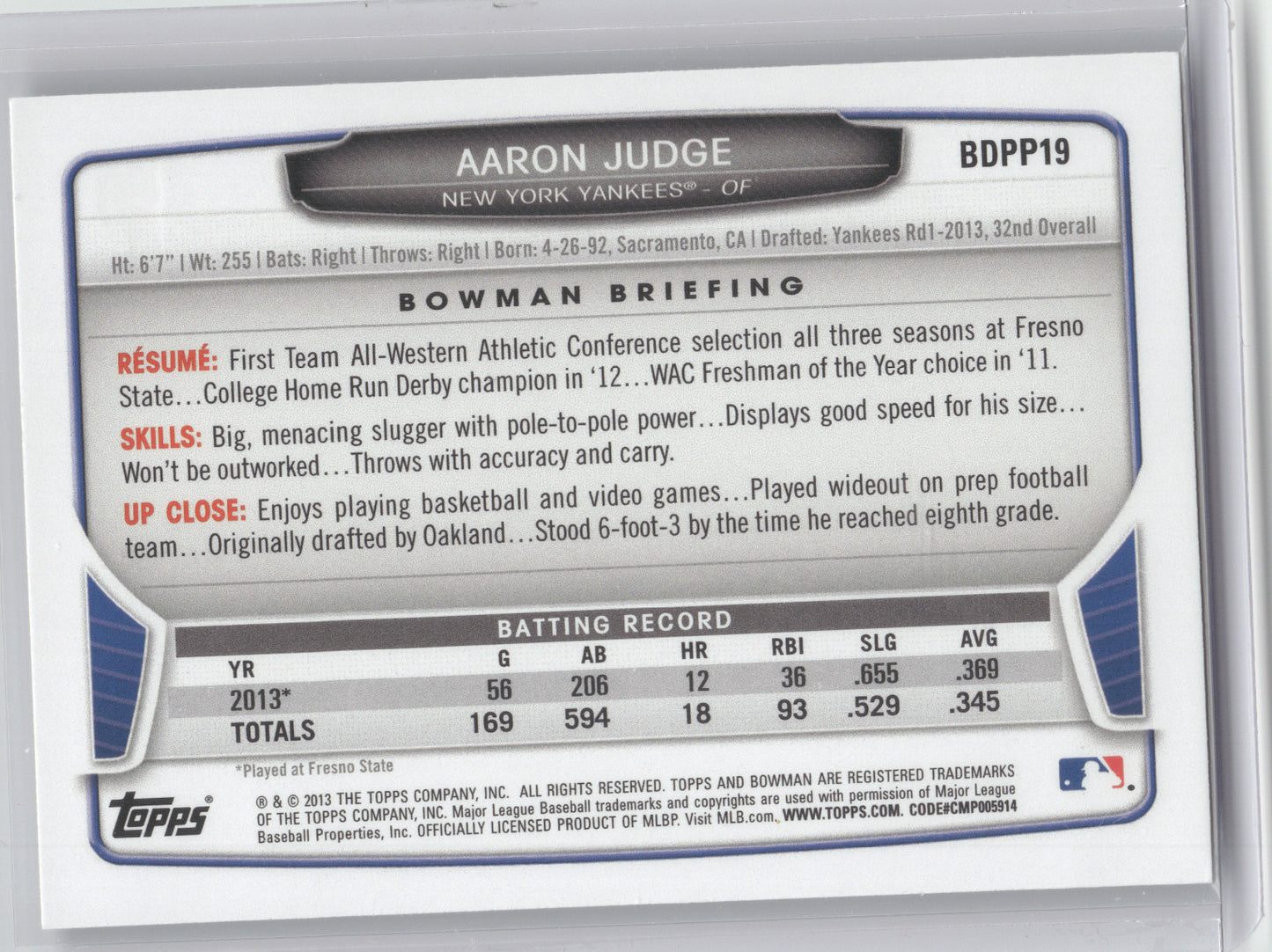 2013 Bowman Draft Picks & Prospects Aaron Judge #BDPP19