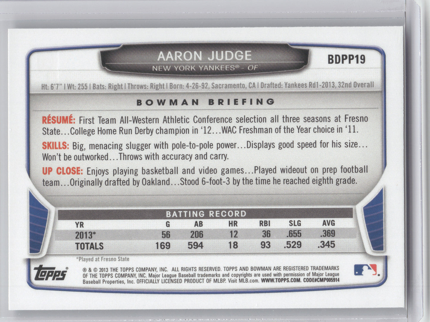 2013 Bowman Draft Picks & Prospects Aaron Judge #BDPP19