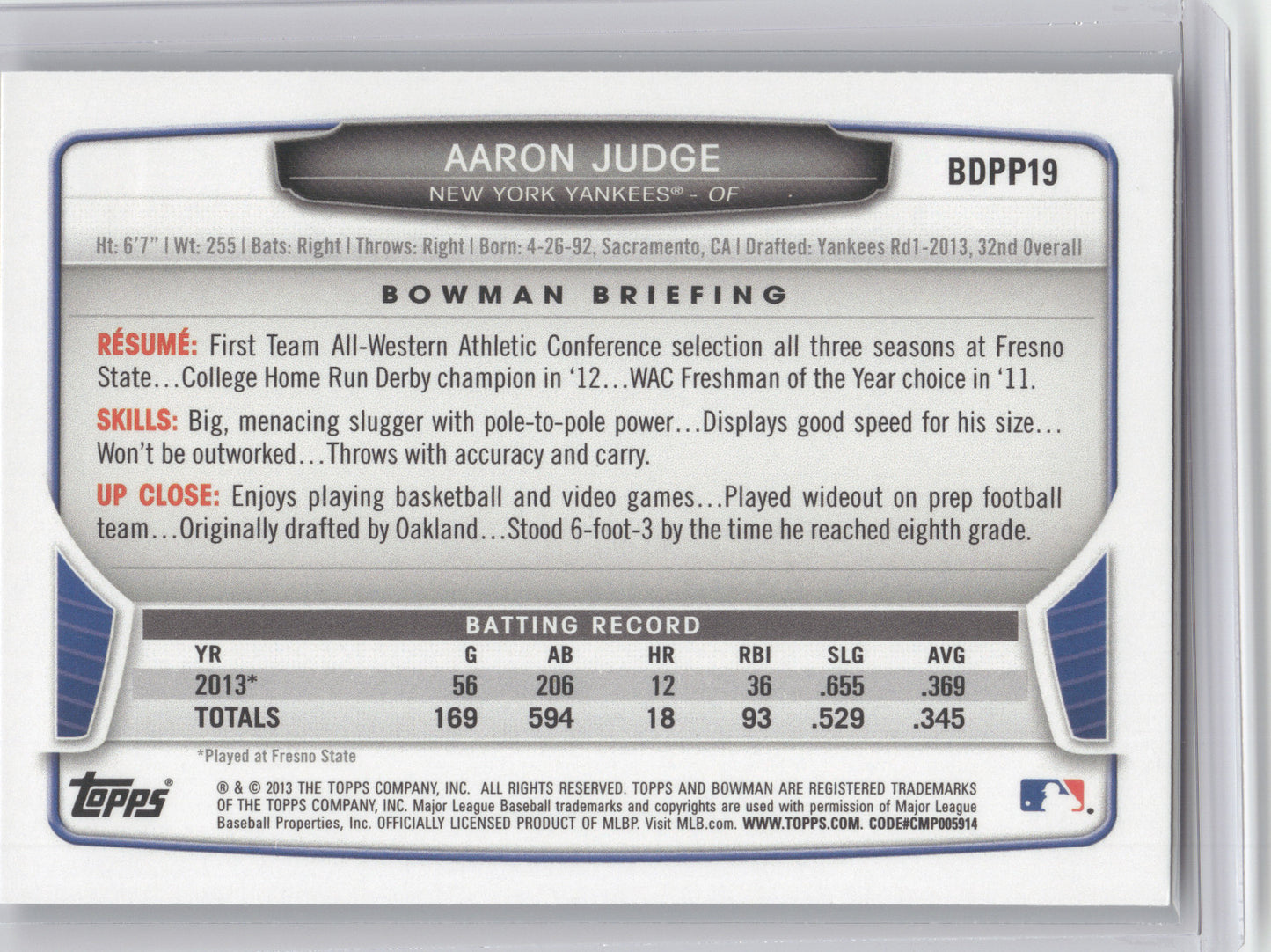 2013 Bowman Draft Picks & Prospects Aaron Judge #BDPP19