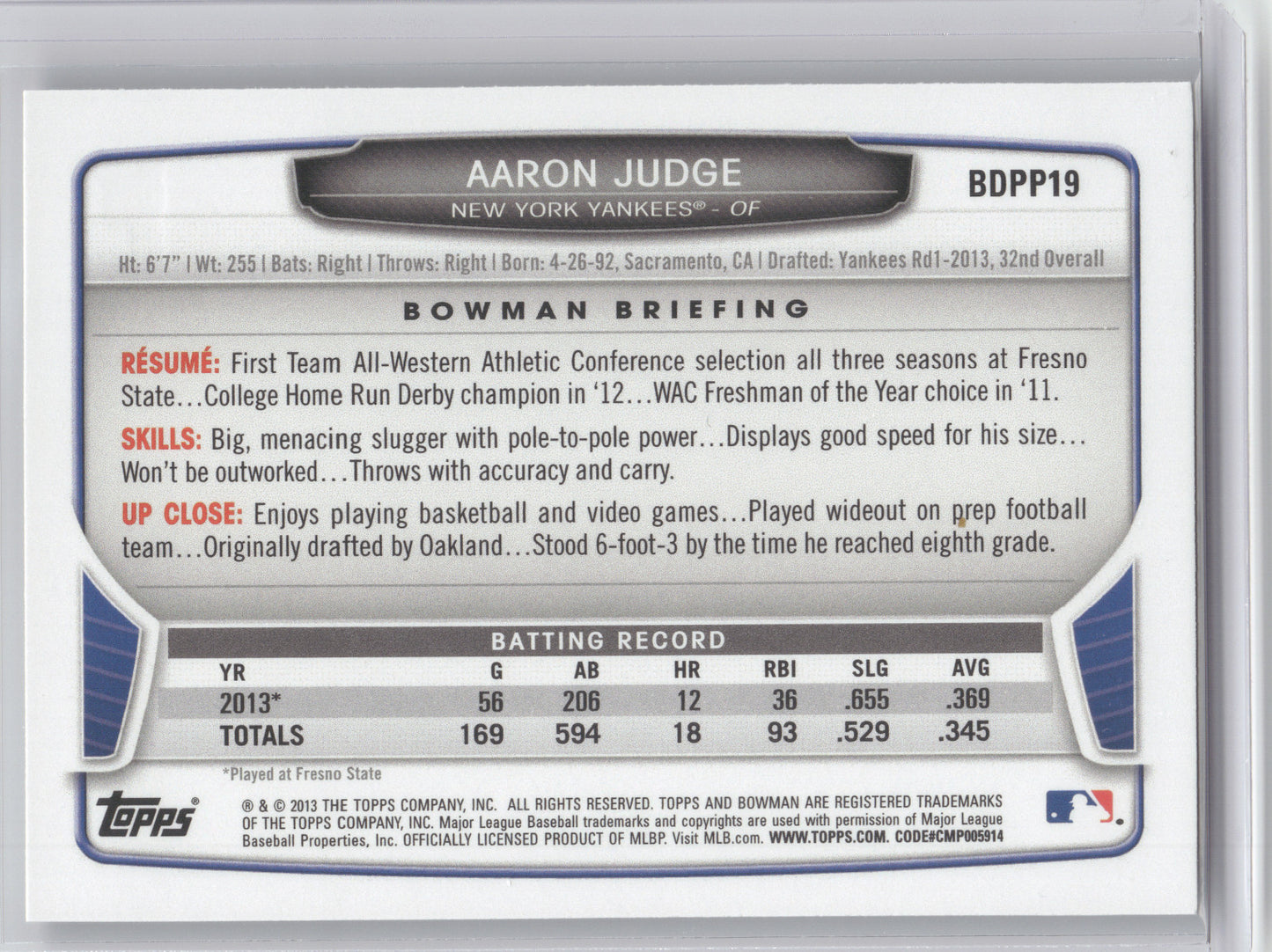2013 Bowman Draft Picks & Prospects Aaron Judge #BDPP19