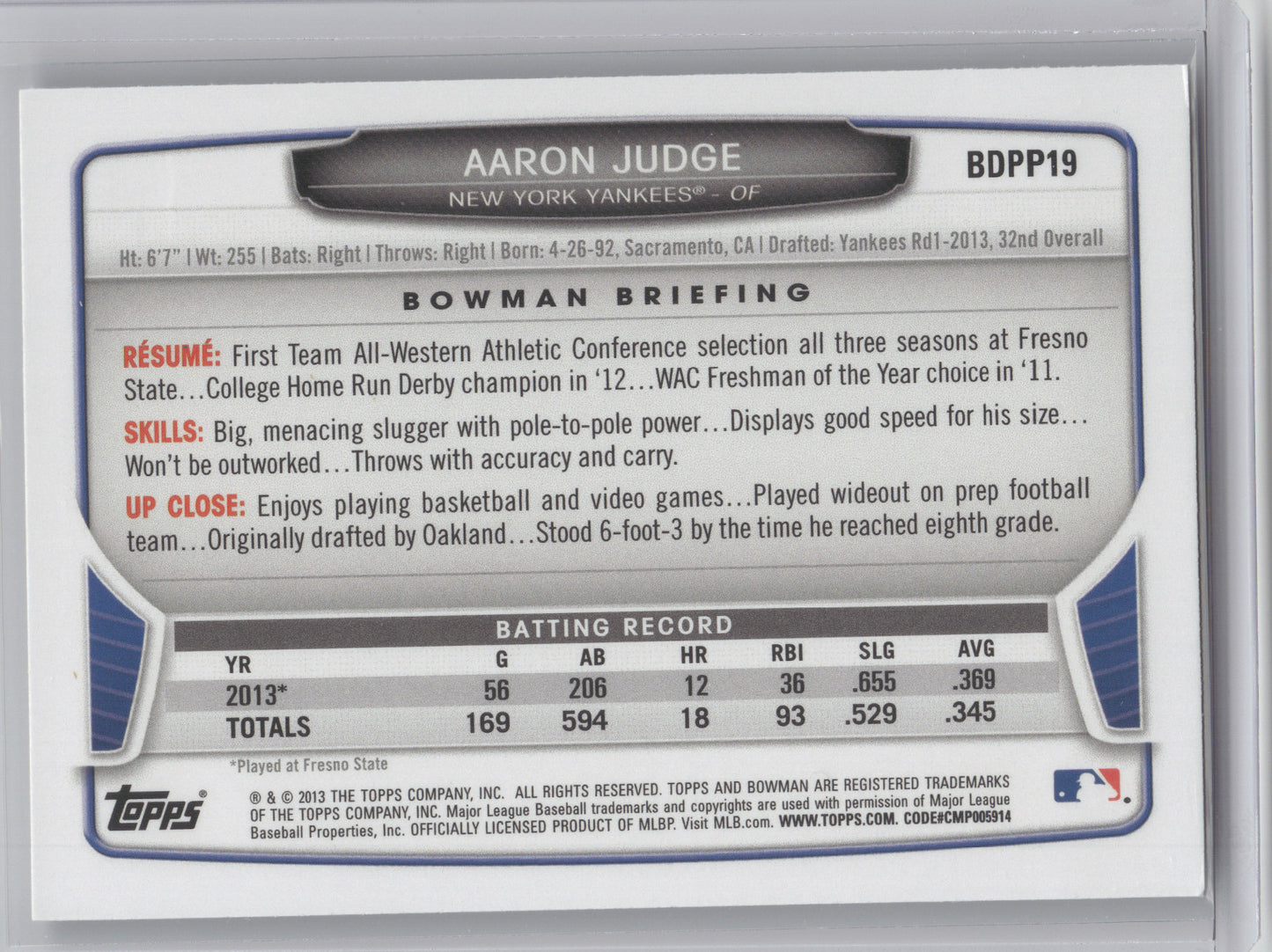 2013 Bowman Draft Picks & Prospects Aaron Judge #BDPP19