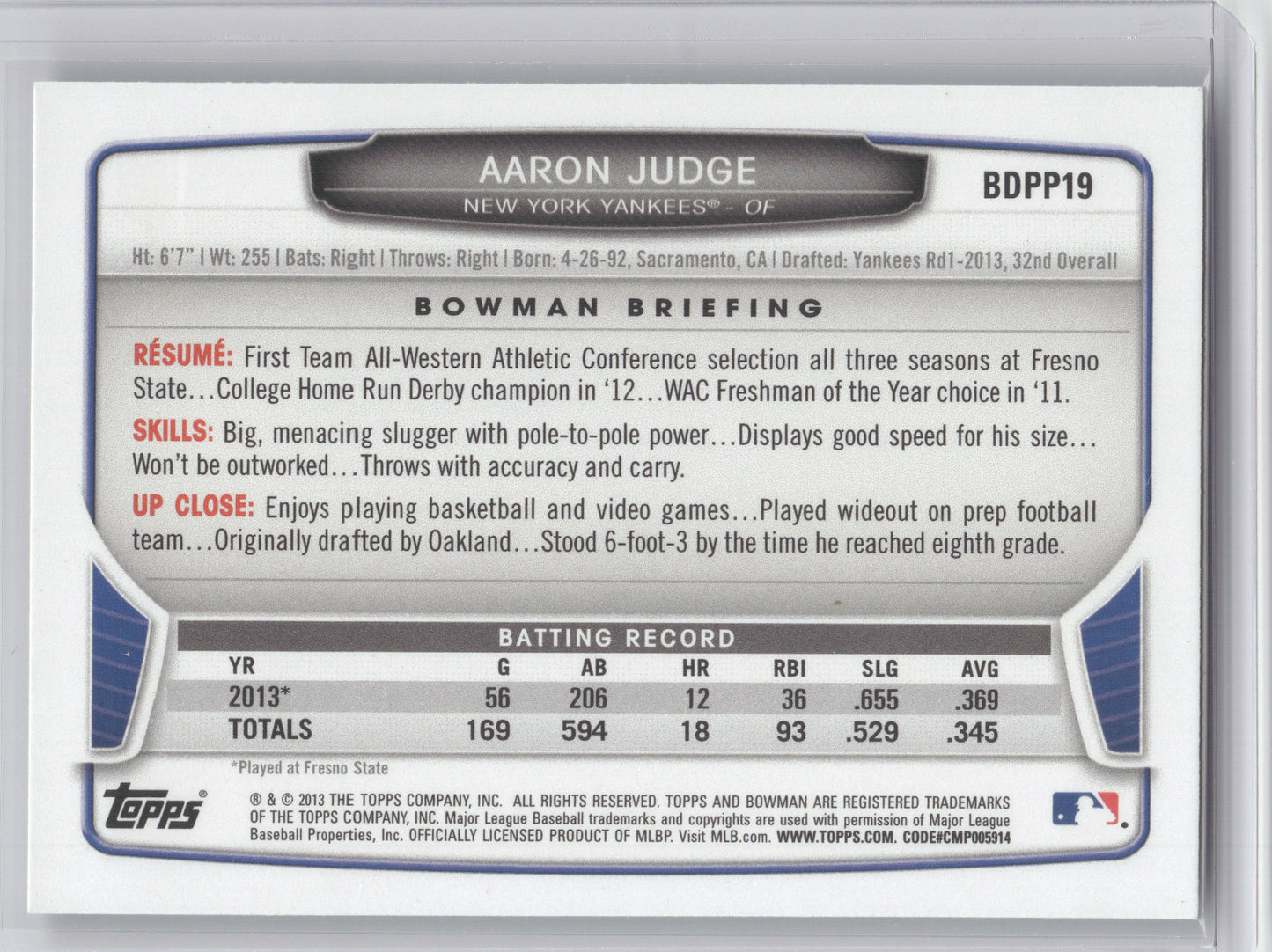 2013 Bowman Draft Picks & Prospects Aaron Judge #BDPP19