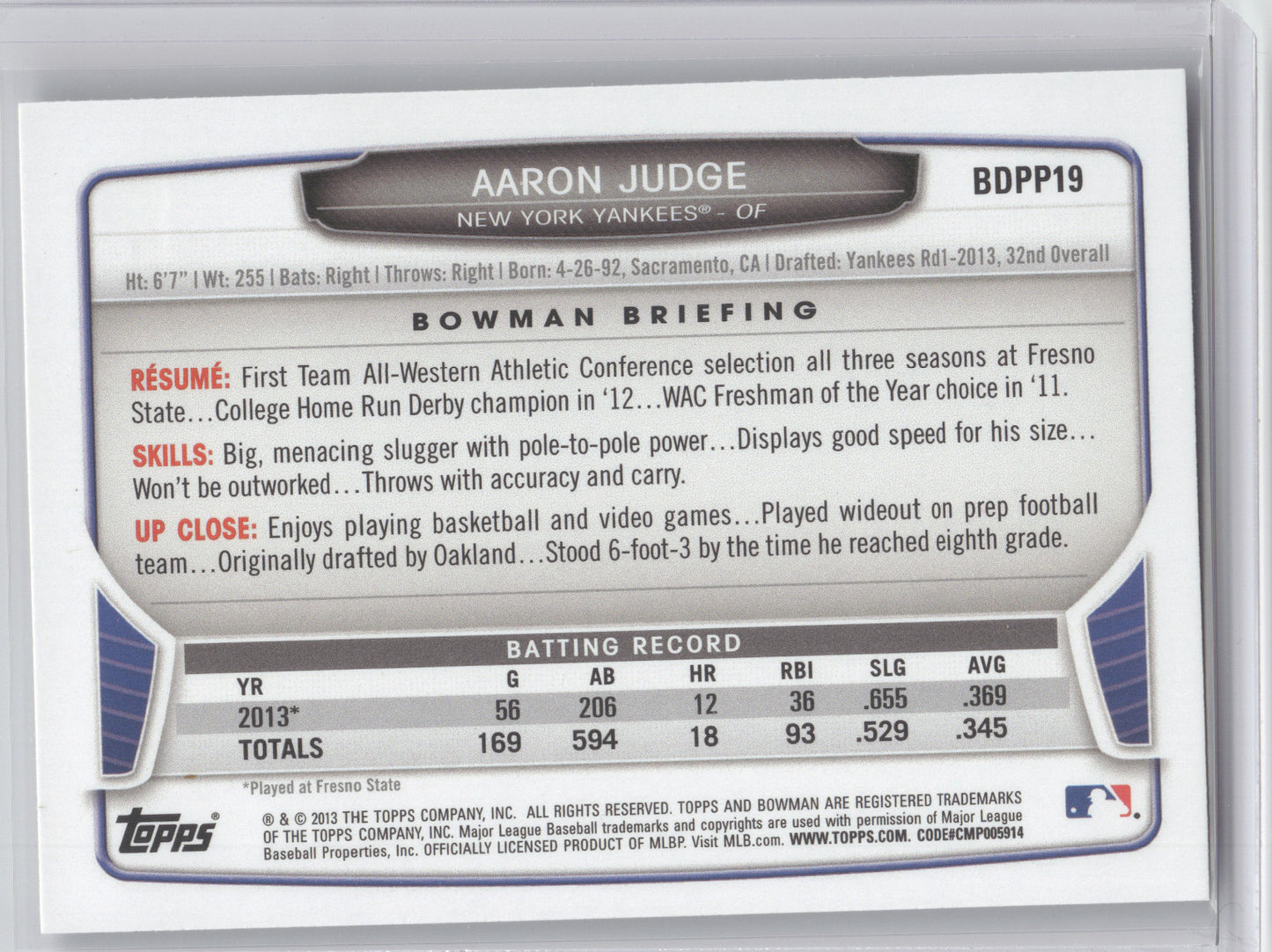 2013 Bowman Draft Picks & Prospects Aaron Judge #BDPP19