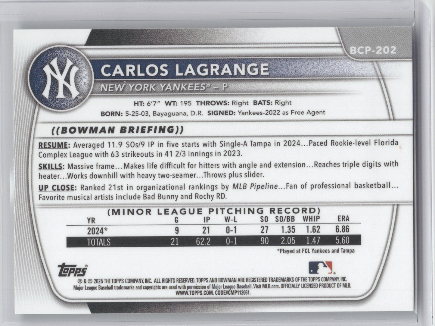2025 Bowman Chrome Prospect Carlos Lagrange #BCP-202 Green Geometric 73/99