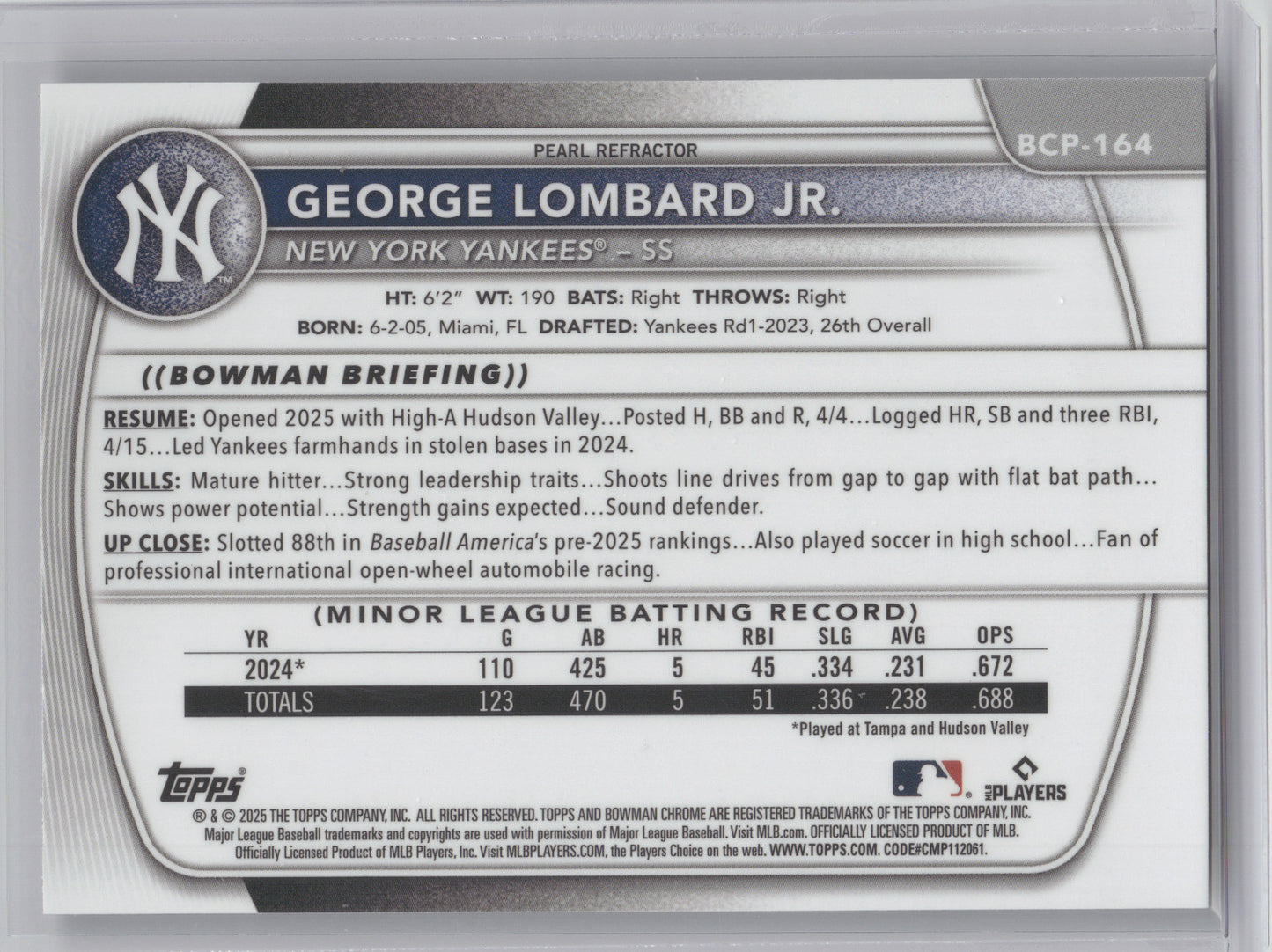 2025 Bowman Chrome Prospect George Lombard Jr. #BCP-164 Pearl Refractor