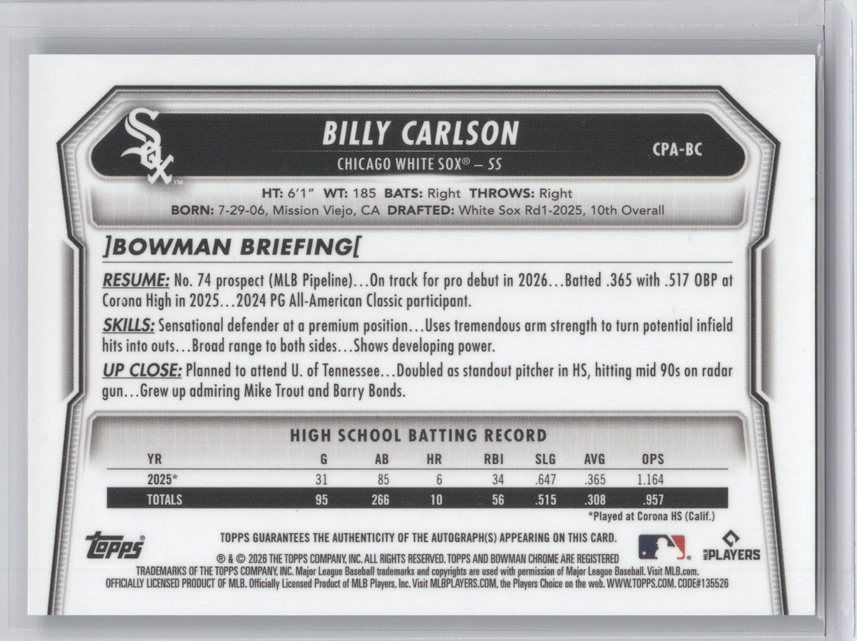 2026 Bowman Chrome Prospect Autograph Billy Carlson #CPABC Green Refractor 95/99