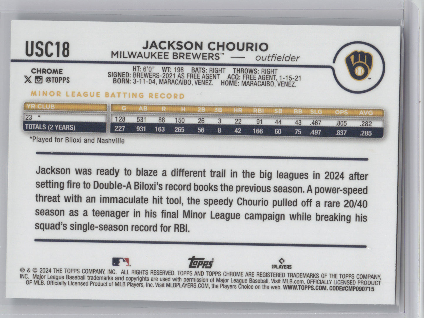 2024 Topps Chrome Update Jackson Chourio #USC18 Aqua Blue Lava Lamp RC 093/175