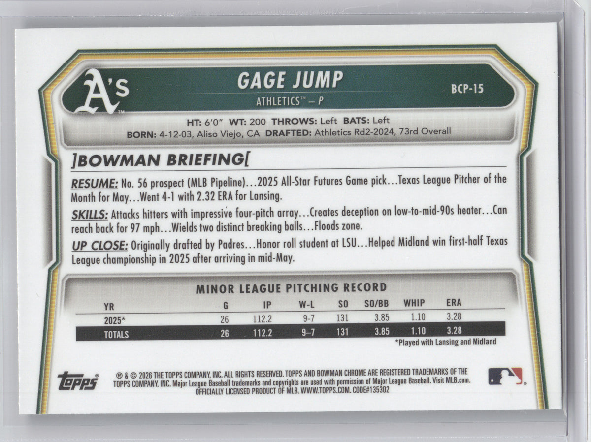 2026 Bowman Chrome Prospect Gage Jump #BCP-15 Green Grass Refractor 16/99