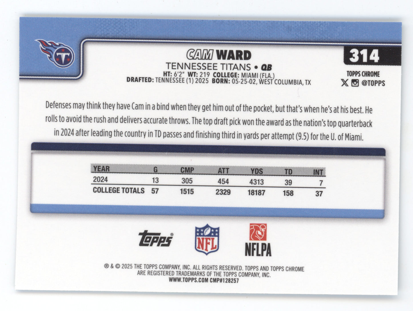 2025 Topps Chrome Cam Ward #314 Aqua RC 072/199