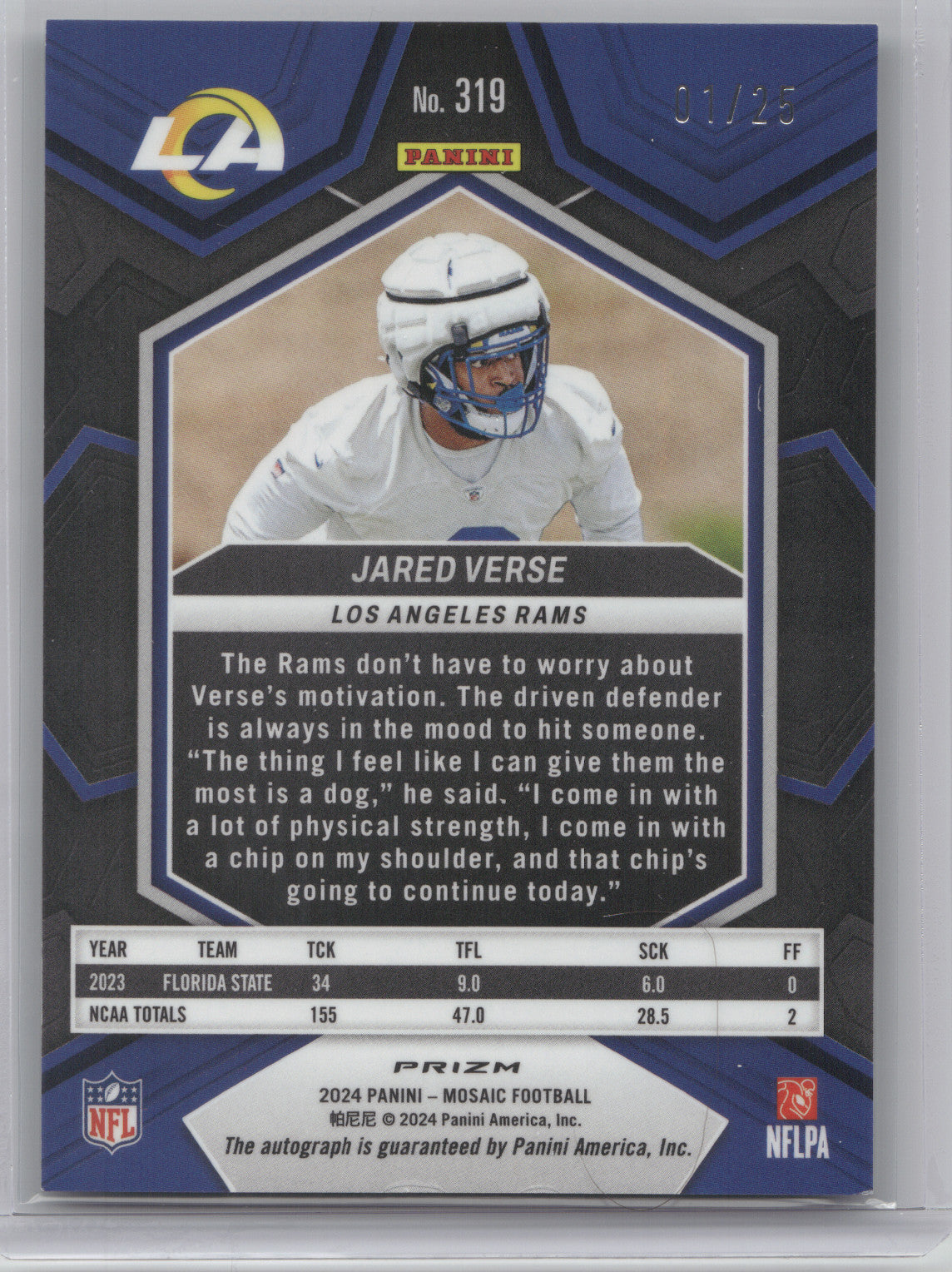 2024 Panini Mosaic Autograph Jared Verse #319 Choice Fusion Green Black 01/25 RC