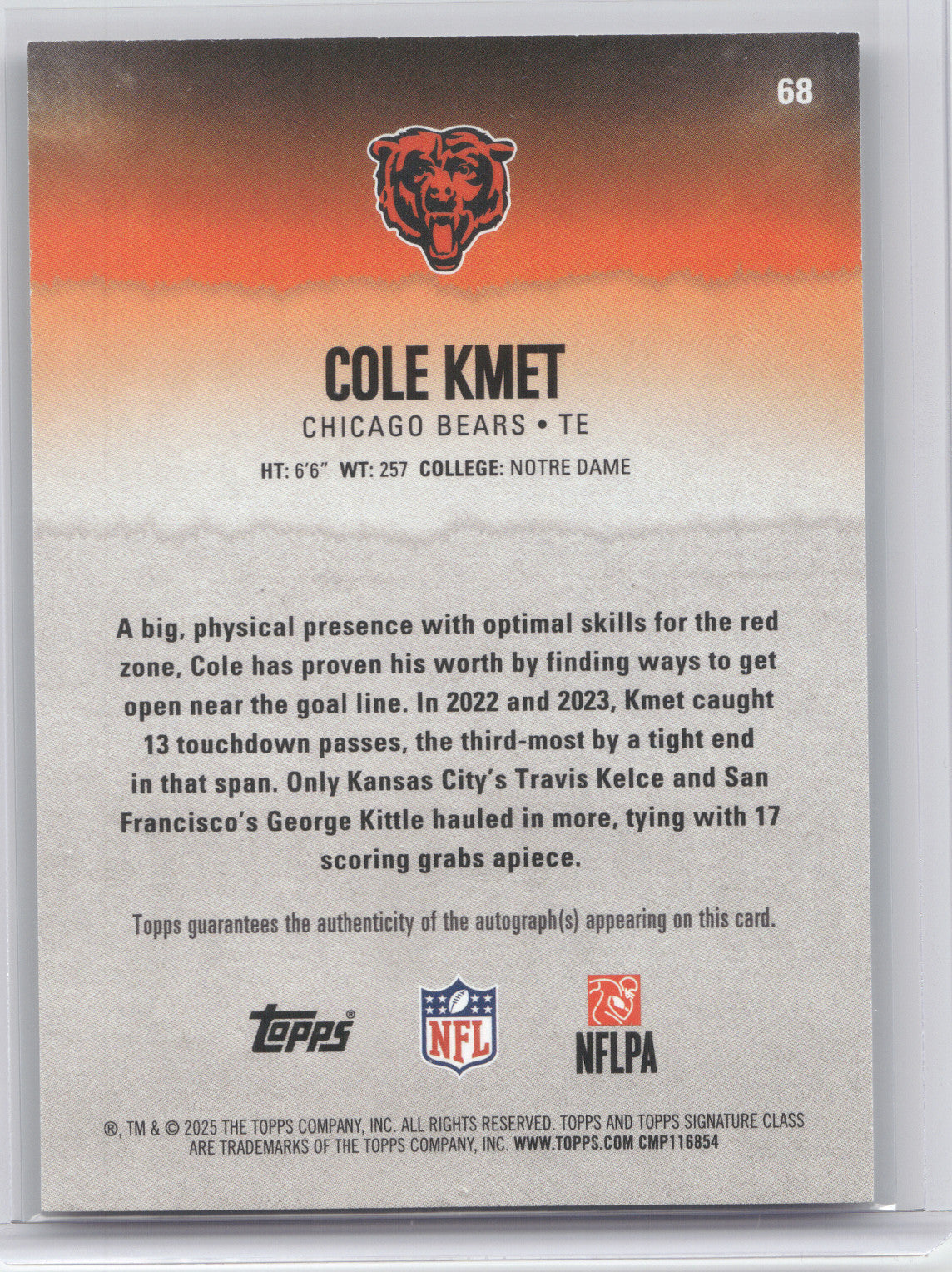 2025 Topps Signature Class Cole Kmet #68 Teal Autograph 042/225