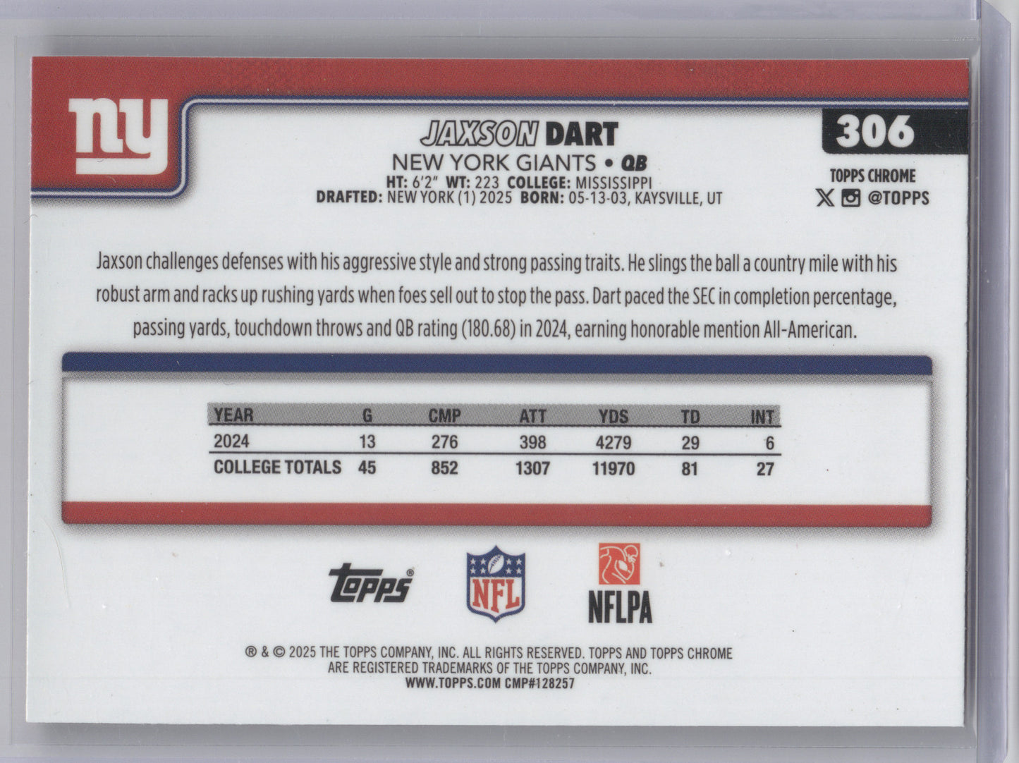 2025 Topps Chrome Jaxson Dart #306 Pink X-Fractor RC
