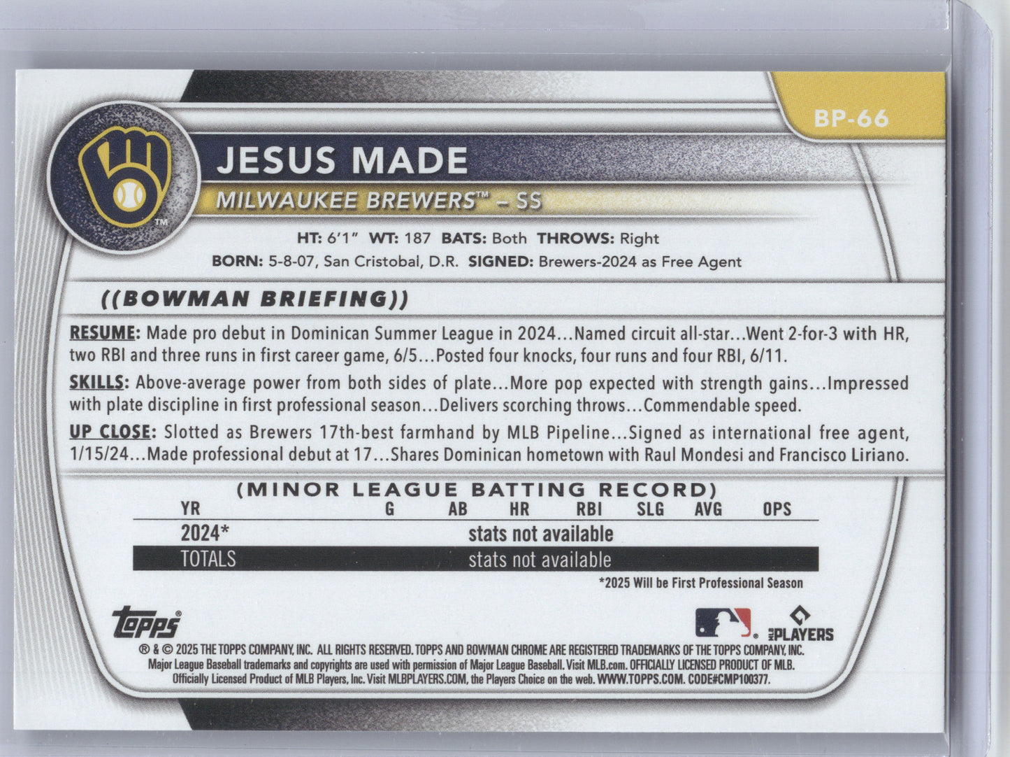 2025 Bowman Prospects Jesus Made #BP-66 Purple 141/250