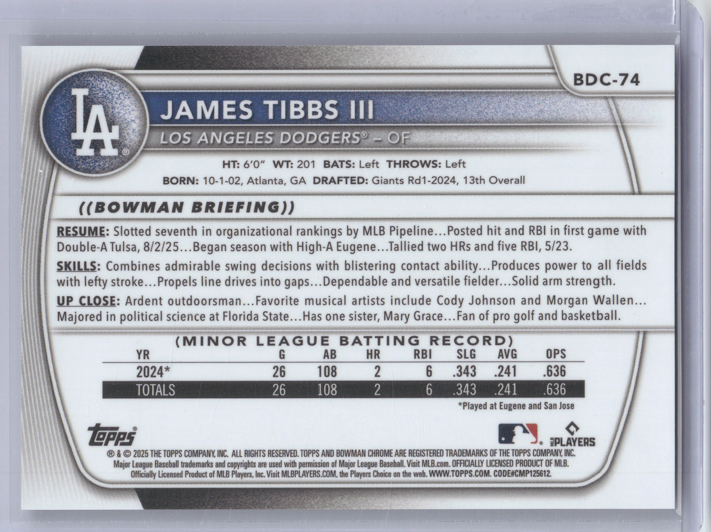 2025 Bowman Draft Chrome James Tibbs III #BDC-74 Gumballs