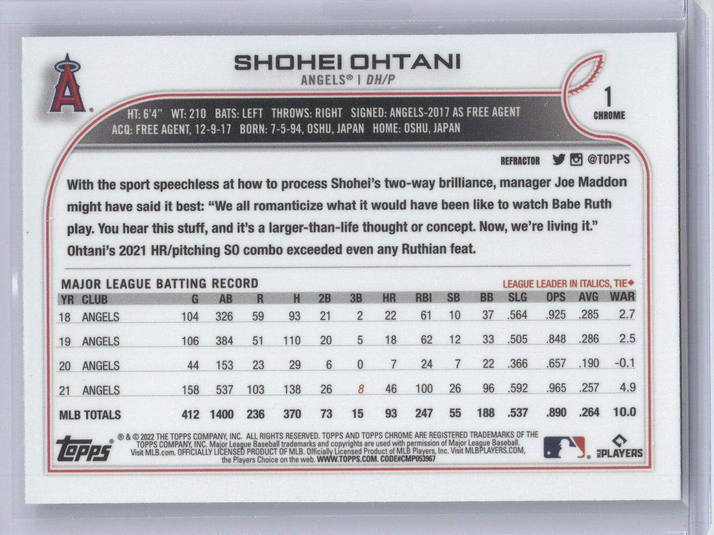 2022 Topps Chrome Shohei Ohtani #1 Refractor