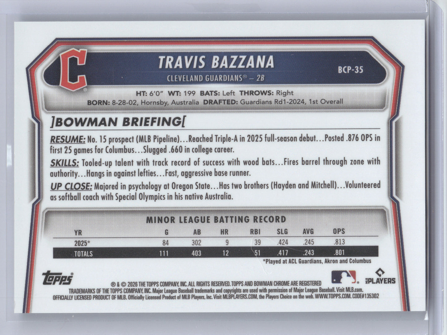 2026 Bowman Chrome Prospects Travis Bazzana #BCP-35 Logo Fractor 28/35