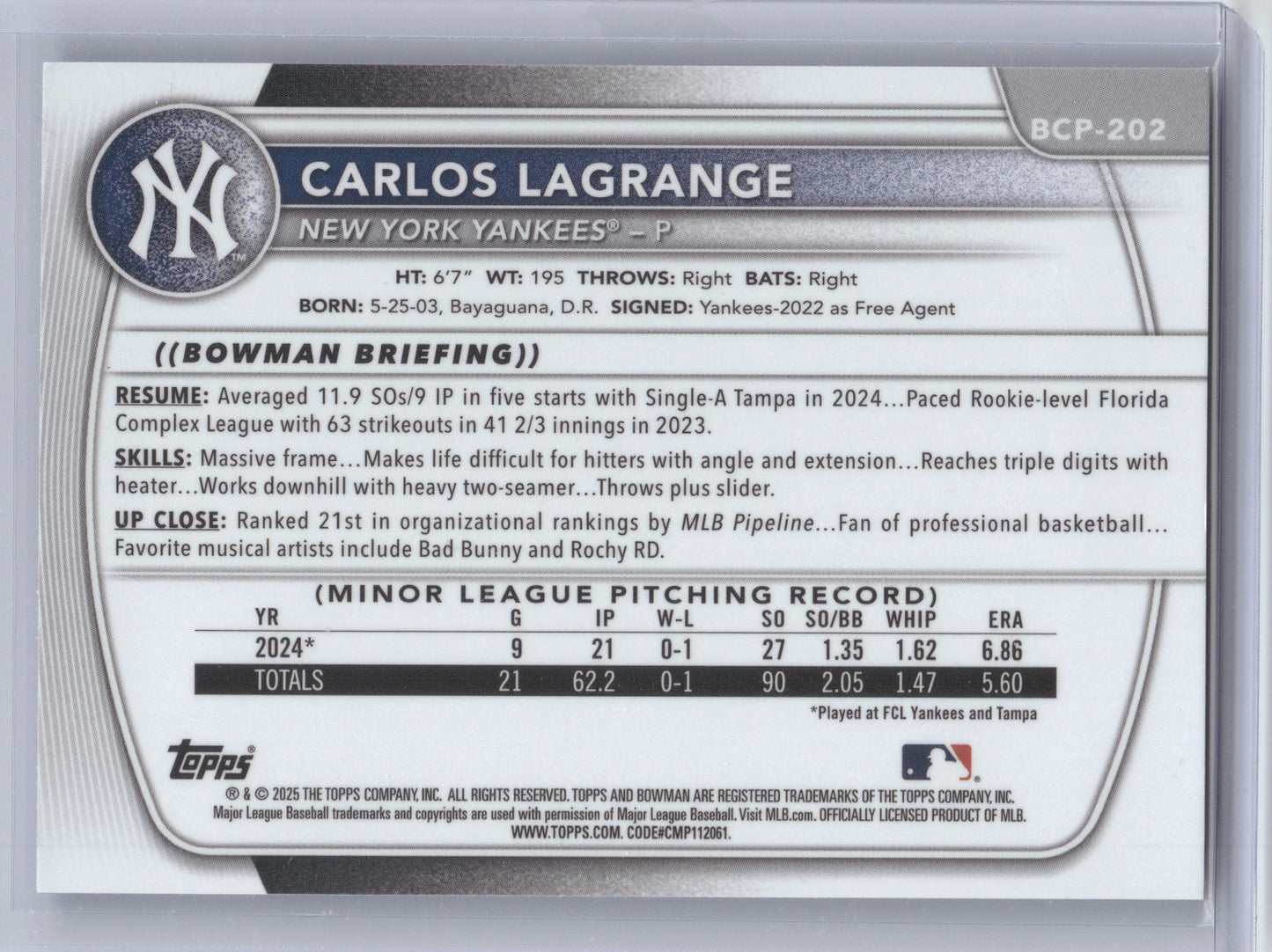 2025 Bowman Chrome Carlos Lagrange #BCP-202 Blue Wave Refractor 026/150