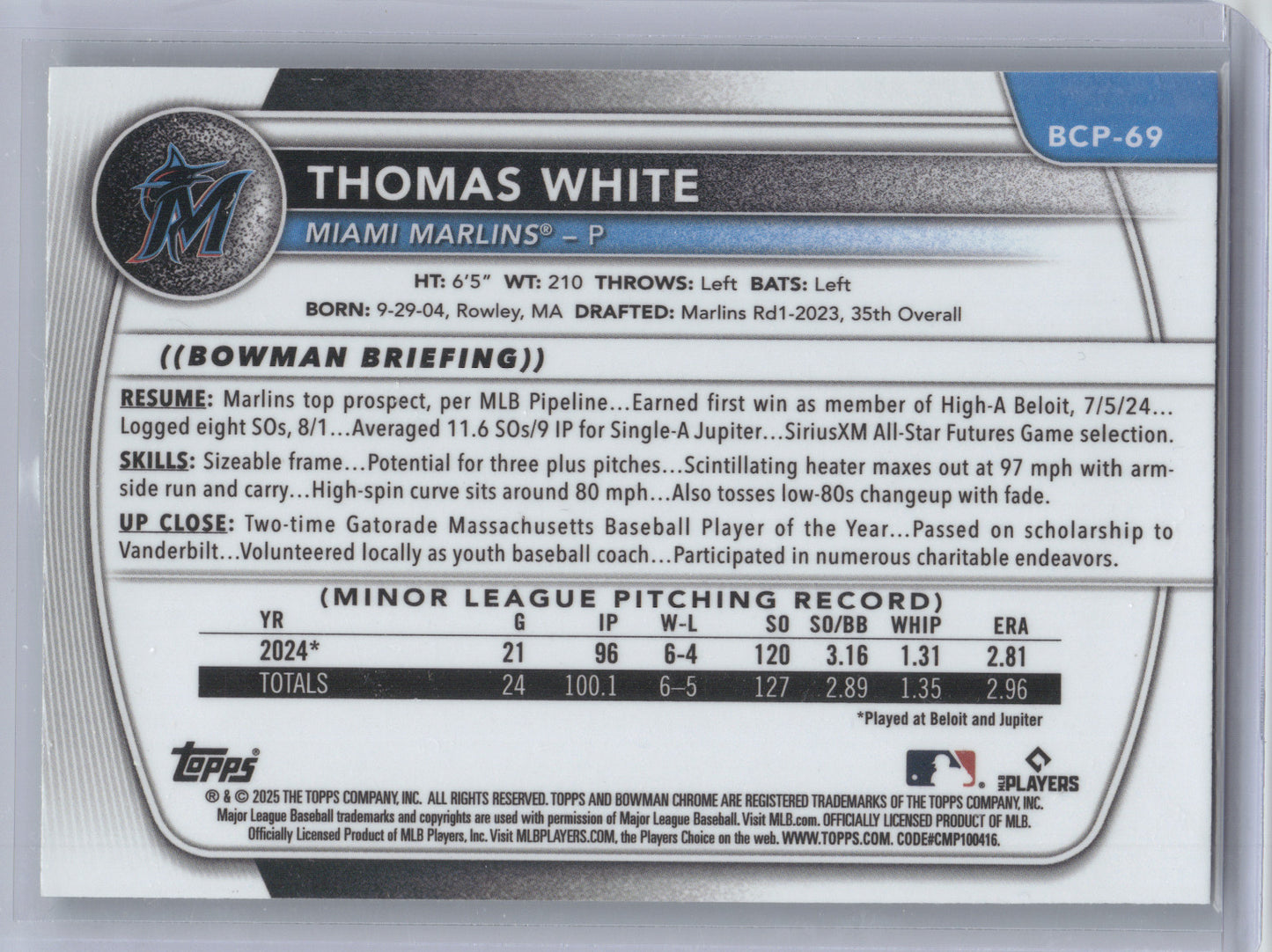 2025 Bowman Chrome Prospects Thomas White #BCP-69 Green Shimmer 88/99