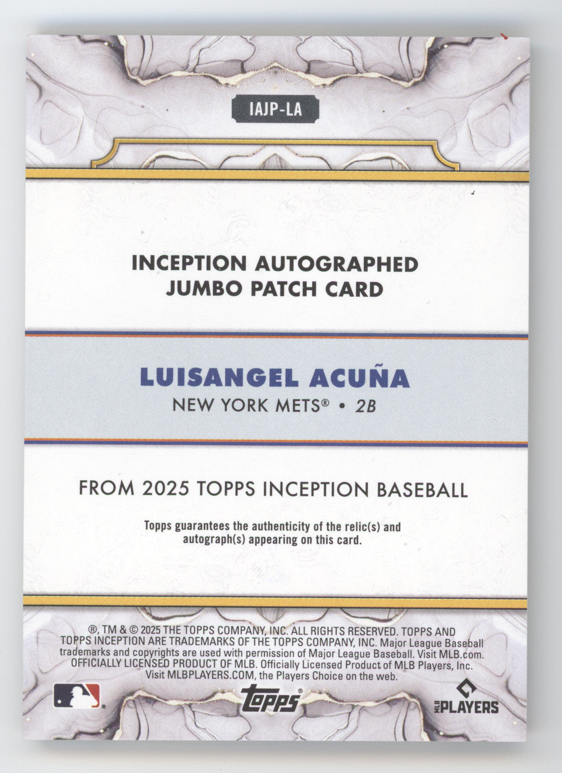 2025 Topps Inception Jumbo Patch Autograph Luisangel Acuña #LA Gold RC 15/50