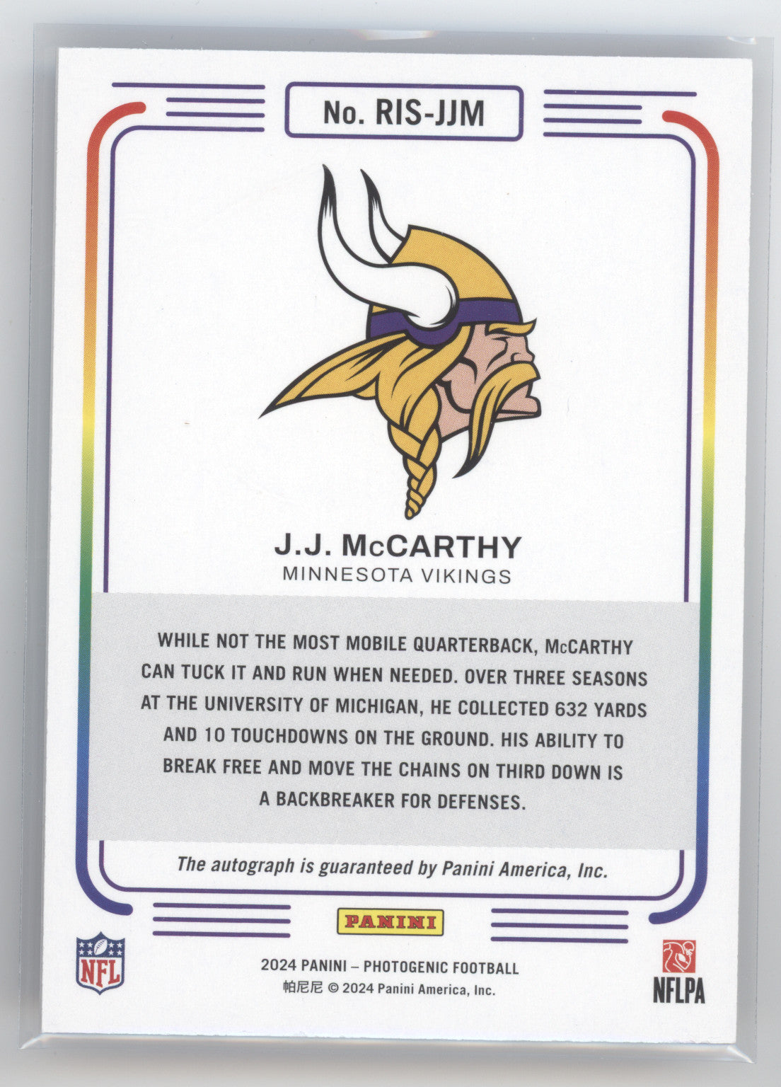 2024 Panini Photogenic Football Instants J.J. McCarthy #RIS-JJM RC 14/25