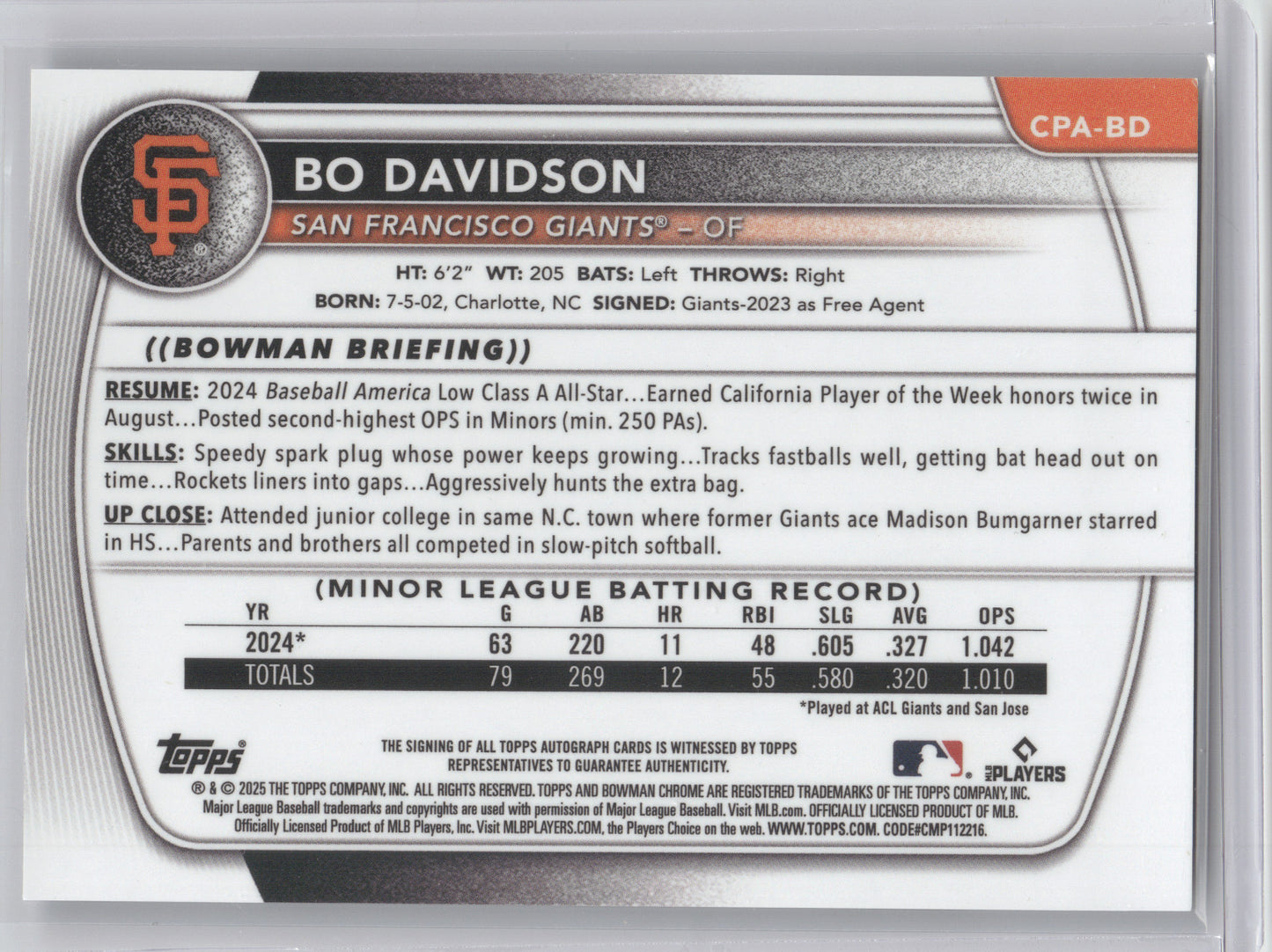 2025 Bowman Chrome Prospect Autograph Bo Davidson #CPA-BD 1st Bowman