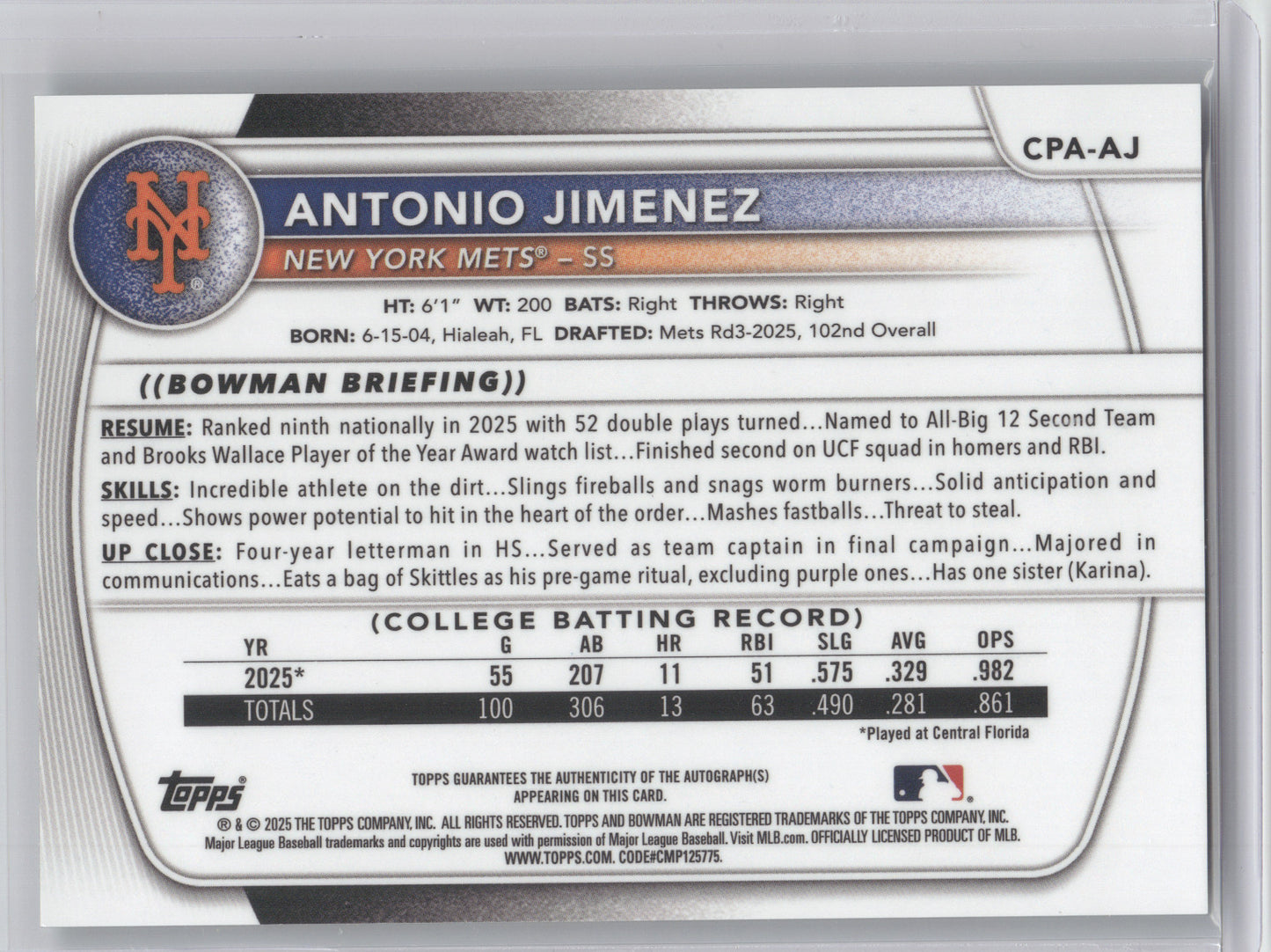 2025 Bowman Chrome Prospect Autograph Antonio Jimenez #AJ Green Refractor 74/99