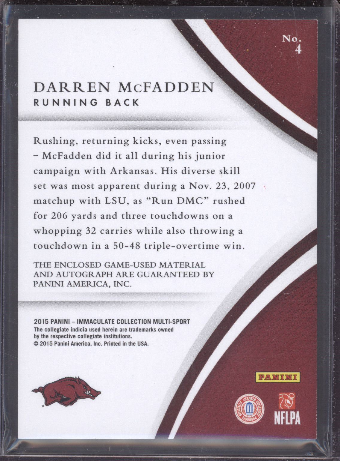 2015 Immaculate Darren McFadden Patch Auto 3/5 College Game Used Razorbacks