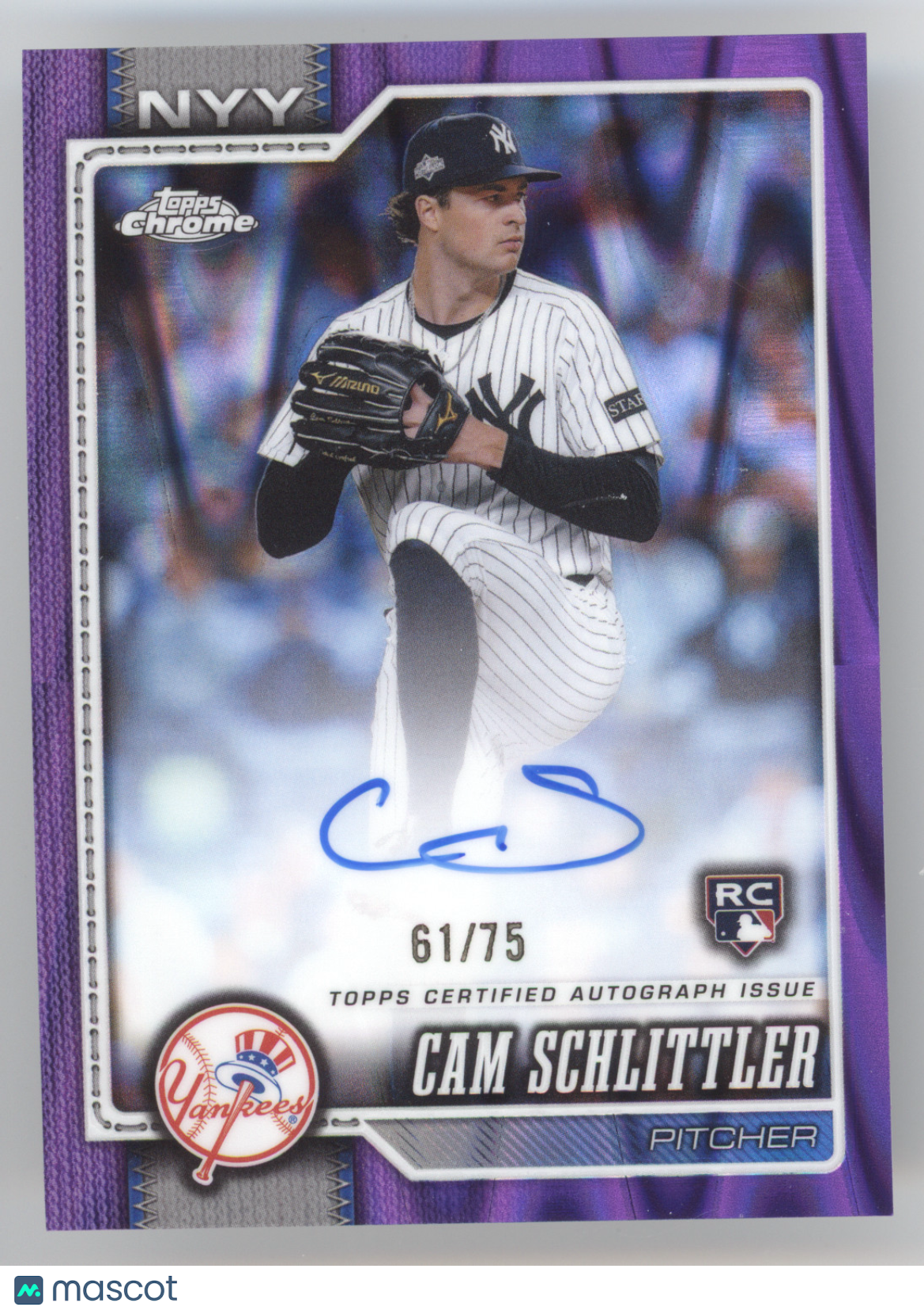 2026 Topps Chrome Rookie Autograph Cam Schlittler #CSC Purple Raywave 61/75 RC